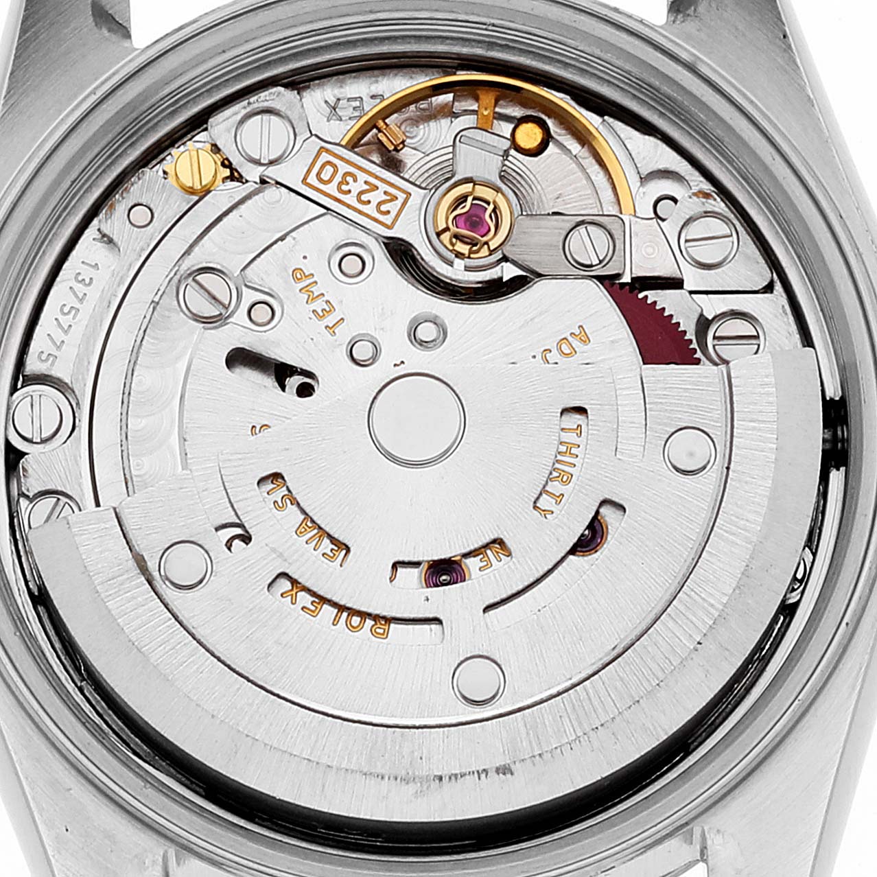 This image shows the inner mechanical movement of a Rolex Oyster Perpetual 76094 Women's Stainless Steel White Dial 76094 Women's Stainless Steel White Dial watch from a top-down angle.