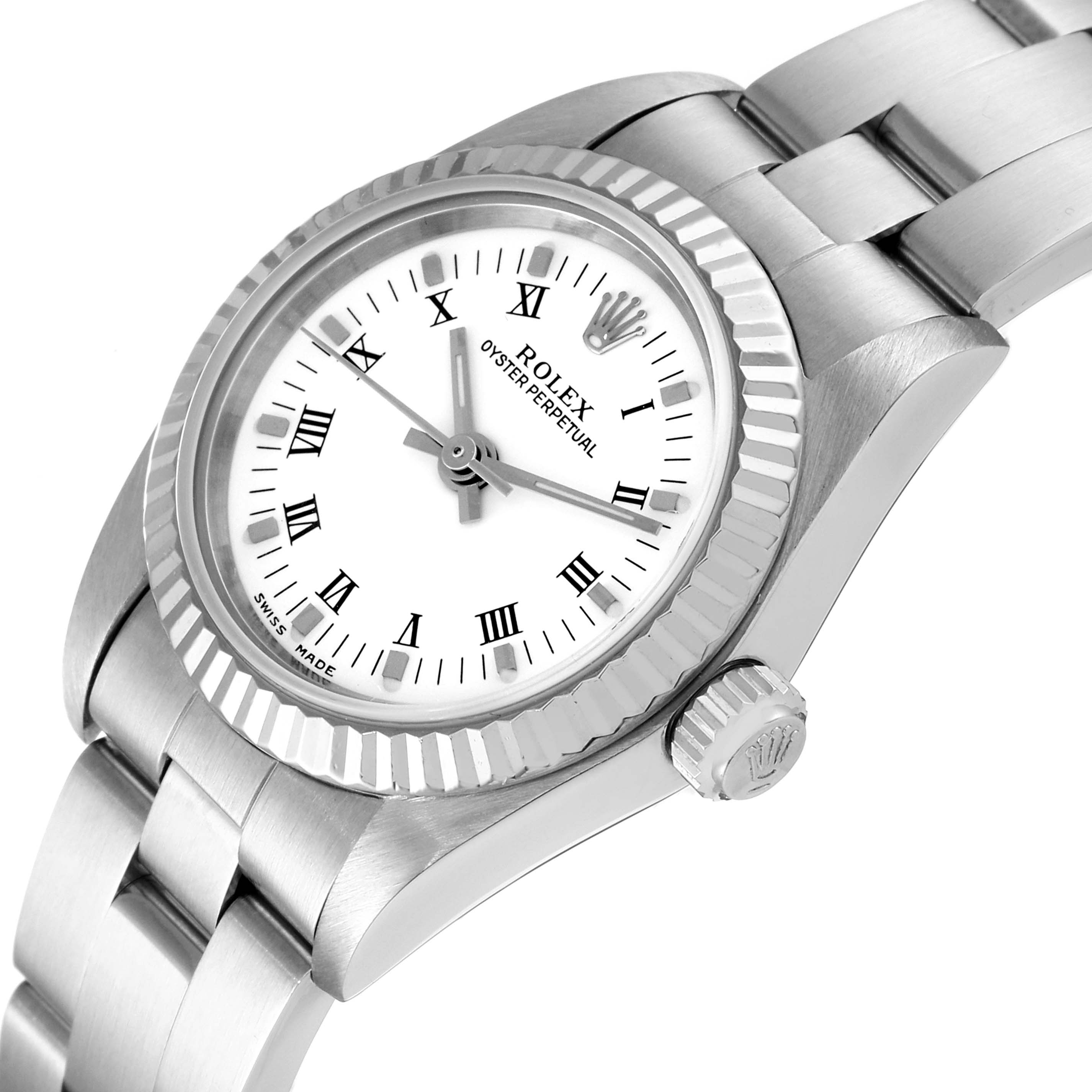 The image shows a Rolex Oyster Perpetual 76094 Women's Stainless Steel White Dial 76094 Women's Stainless Steel White Dial watch from an angled top view, highlighting its dial, bezel, and bracelet.