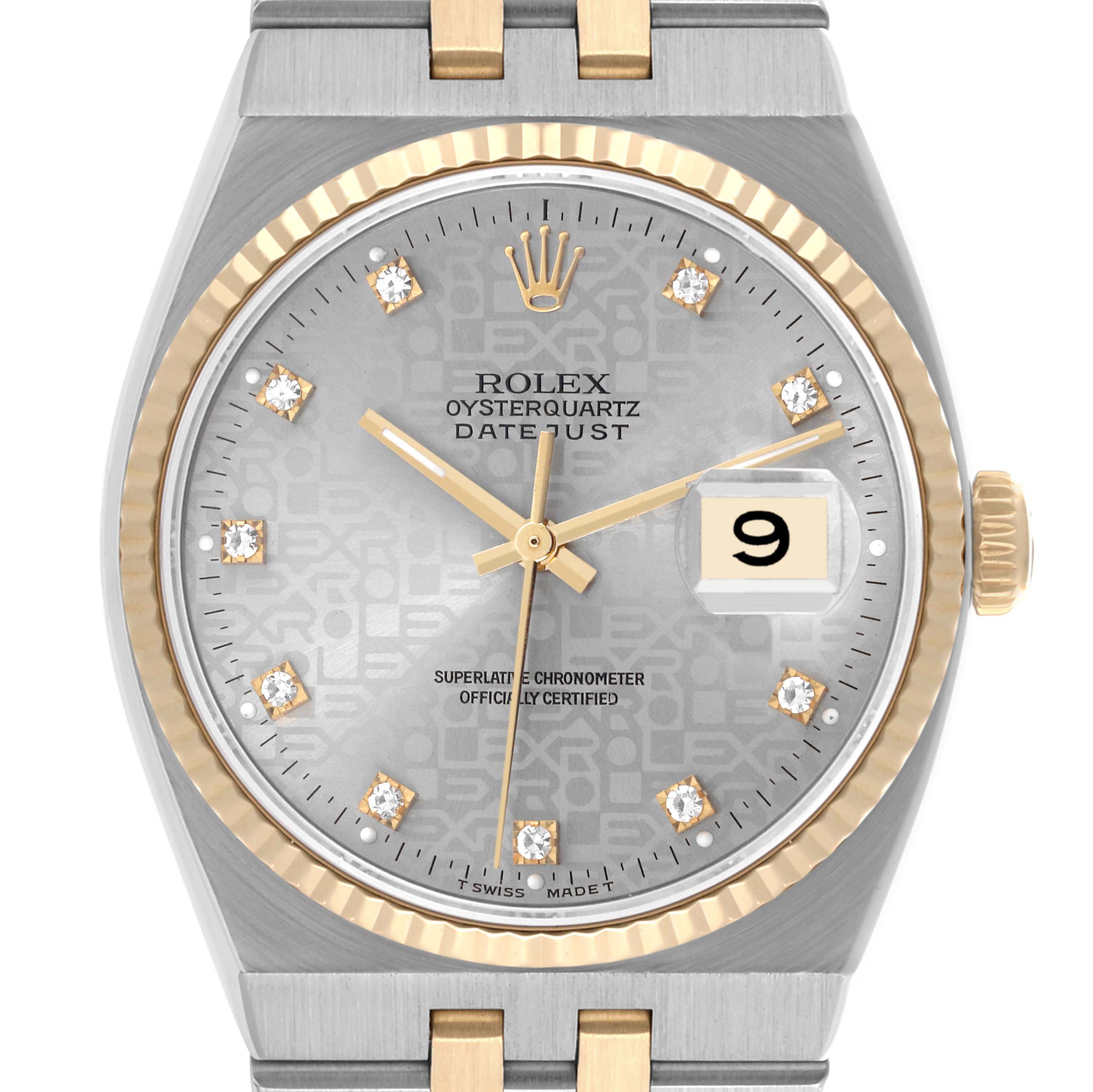 The Rolex Oysterquartz 17013 Men
s Steel and Gold (two tone) Silver Dial 17013 Men
s Steel and Gold (two tone) Silver Dial watch is shown from the front, highlighting the dial, bezel, and crown.