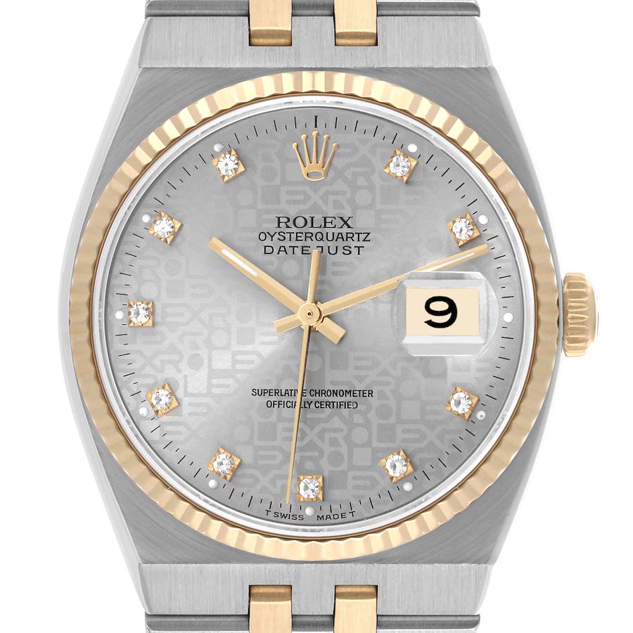 The Rolex Oysterquartz watch is shown from the front, highlighting the dial, bezel, and crown.