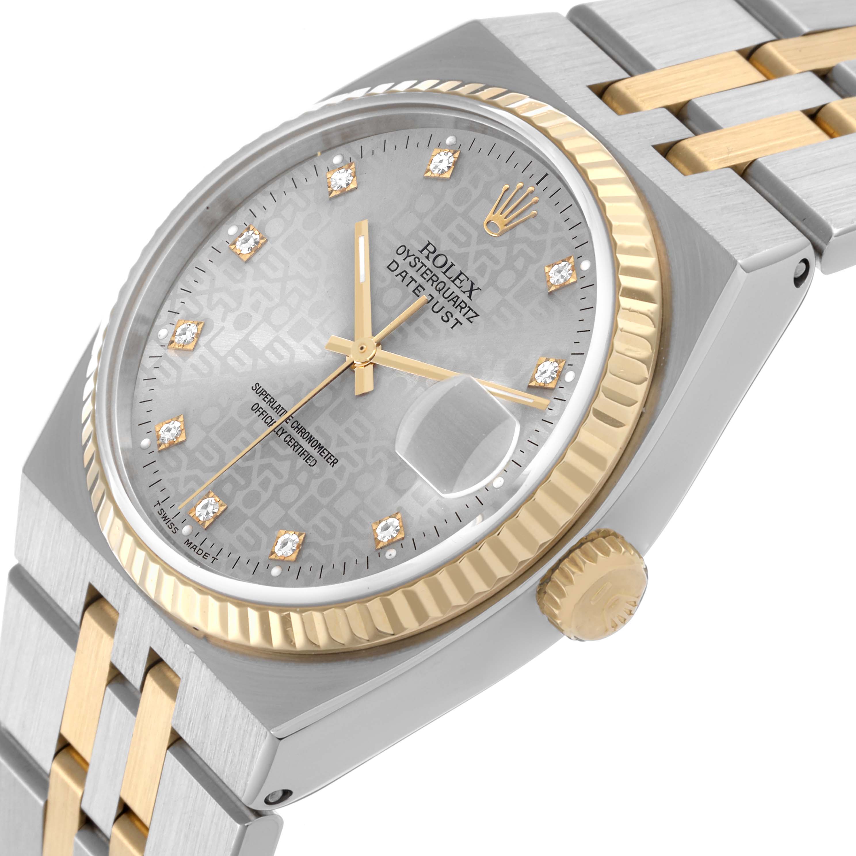 The Rolex Oysterquartz 17013 Men
s Steel and Gold (two tone) Silver Dial 17013 Men
s Steel and Gold (two tone) Silver Dial watch is shown from a side angle, highlighting the dial, bezel, crown, and part of the bracelet.