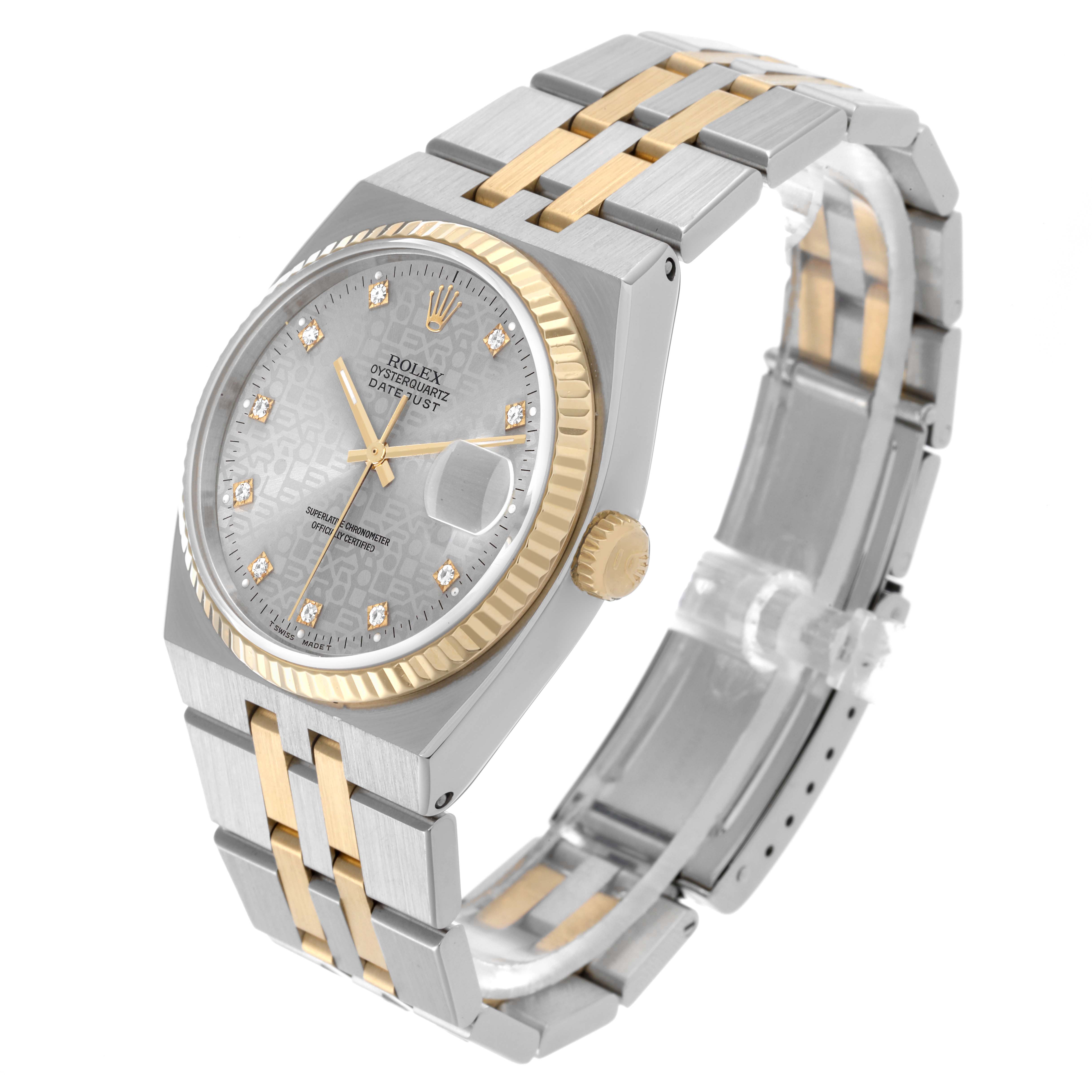 The Rolex Oysterquartz 17013 Men
s Steel and Gold (two tone) Silver Dial 17013 Men
s Steel and Gold (two tone) Silver Dial watch is shown at an angled view highlighting the face, crown, and bracelet.