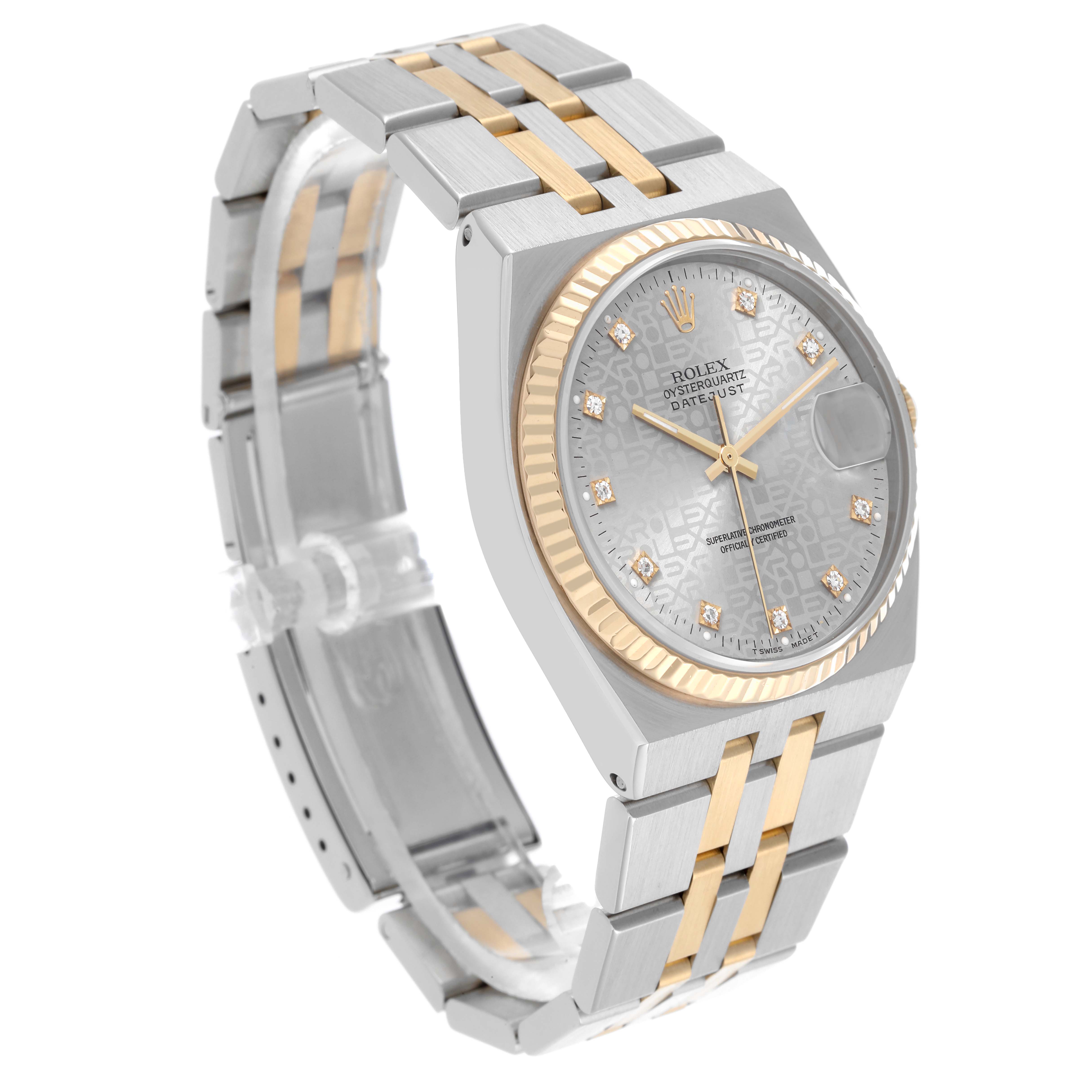 The Rolex Oysterquartz 17013 Men
s Steel and Gold (two tone) Silver Dial 17013 Men
s Steel and Gold (two tone) Silver Dial watch is shown at an angle displaying the face, bezel, bracelet, and crown.