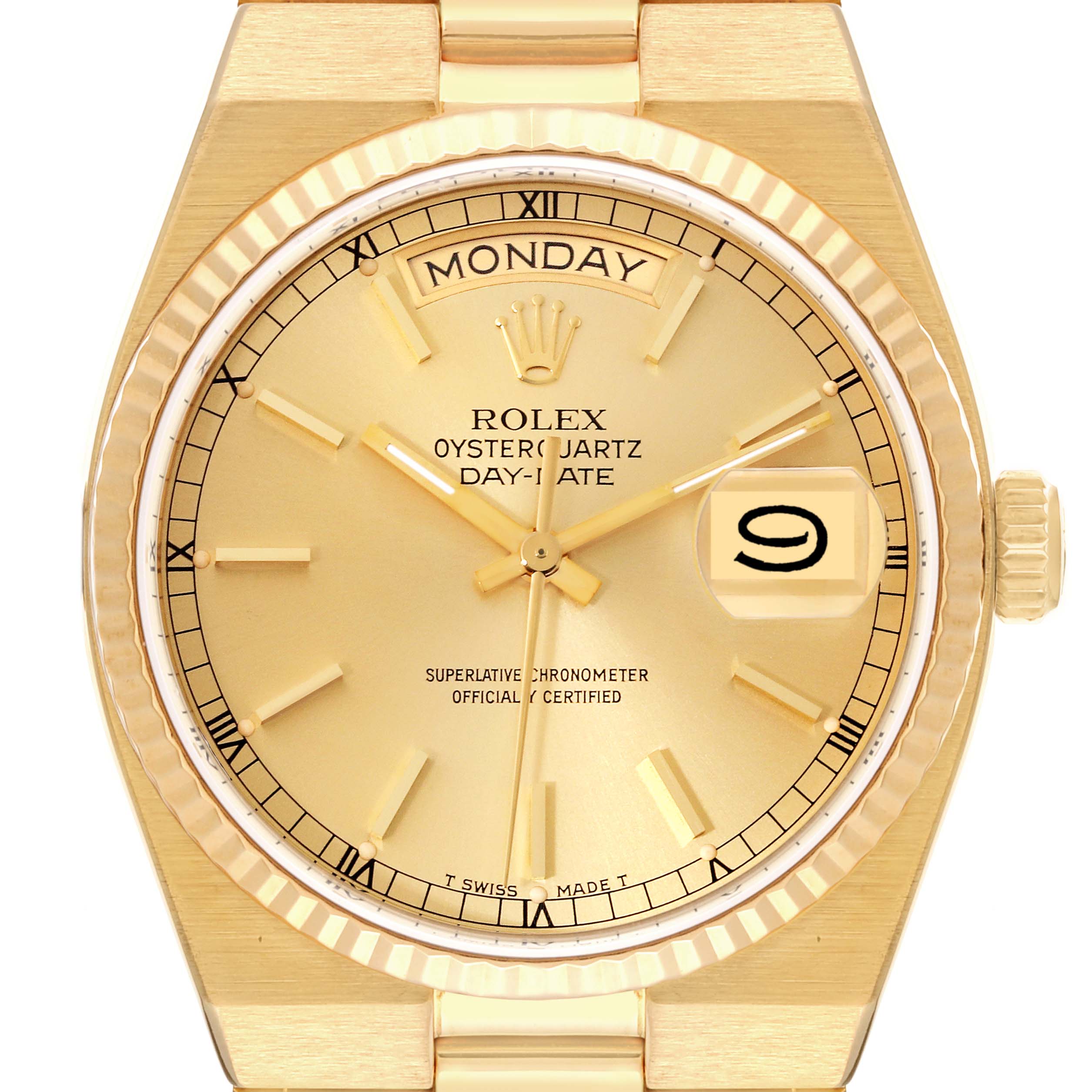 This is a close-up, front-facing view of the Rolex Oysterquartz 19018 Men
s Yellow Gold Champagne Dial 19018 Men
s Yellow Gold Champagne Dial watch showing the dial, hands, Roman numeral bezel, and crown.