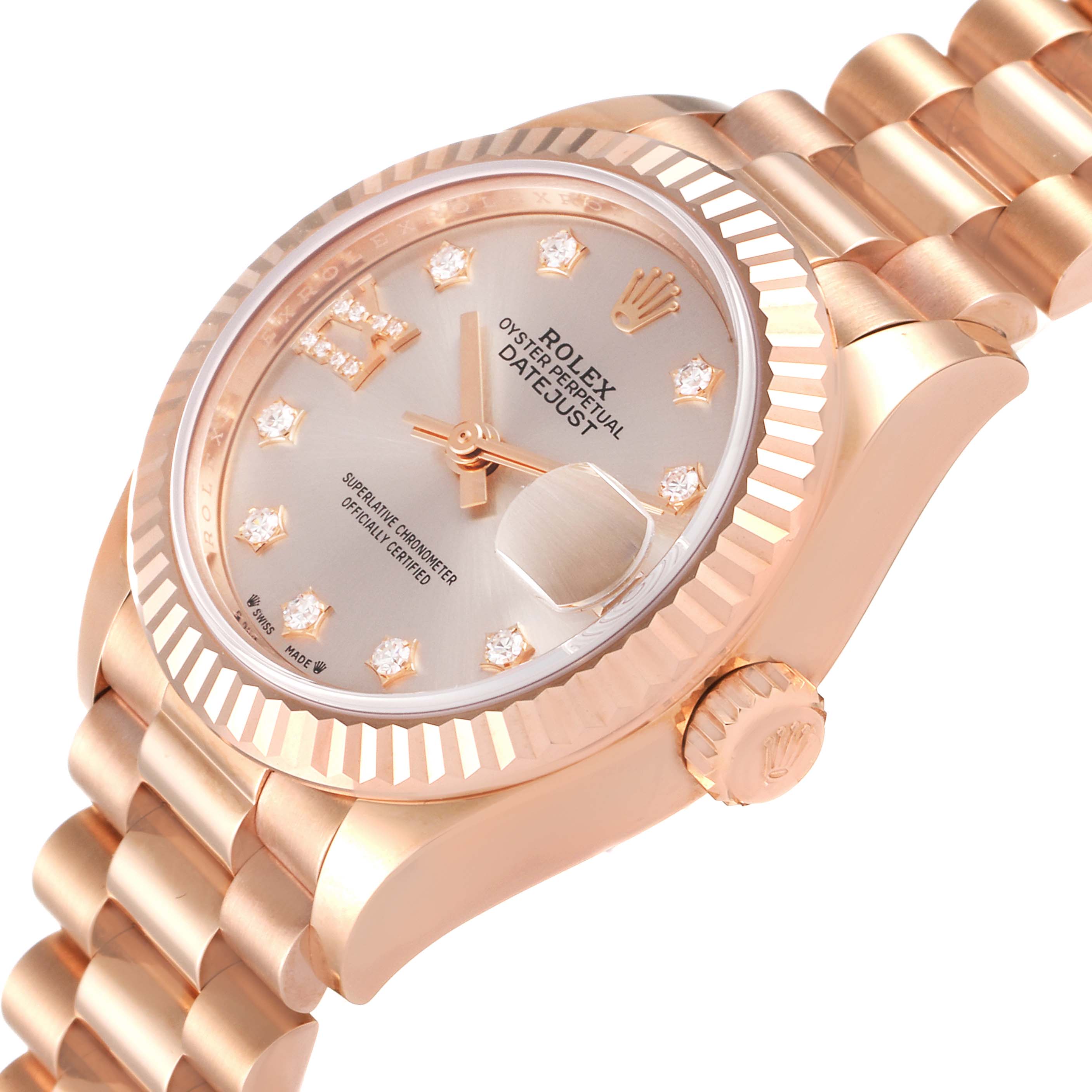 This image shows a close-up side angle of the Rolex President 279175 Women's Rose Gold Pink Dial 279175 Women's Rose Gold Pink Dial watch, highlighting the dial, bezel, bracelet, and crown.