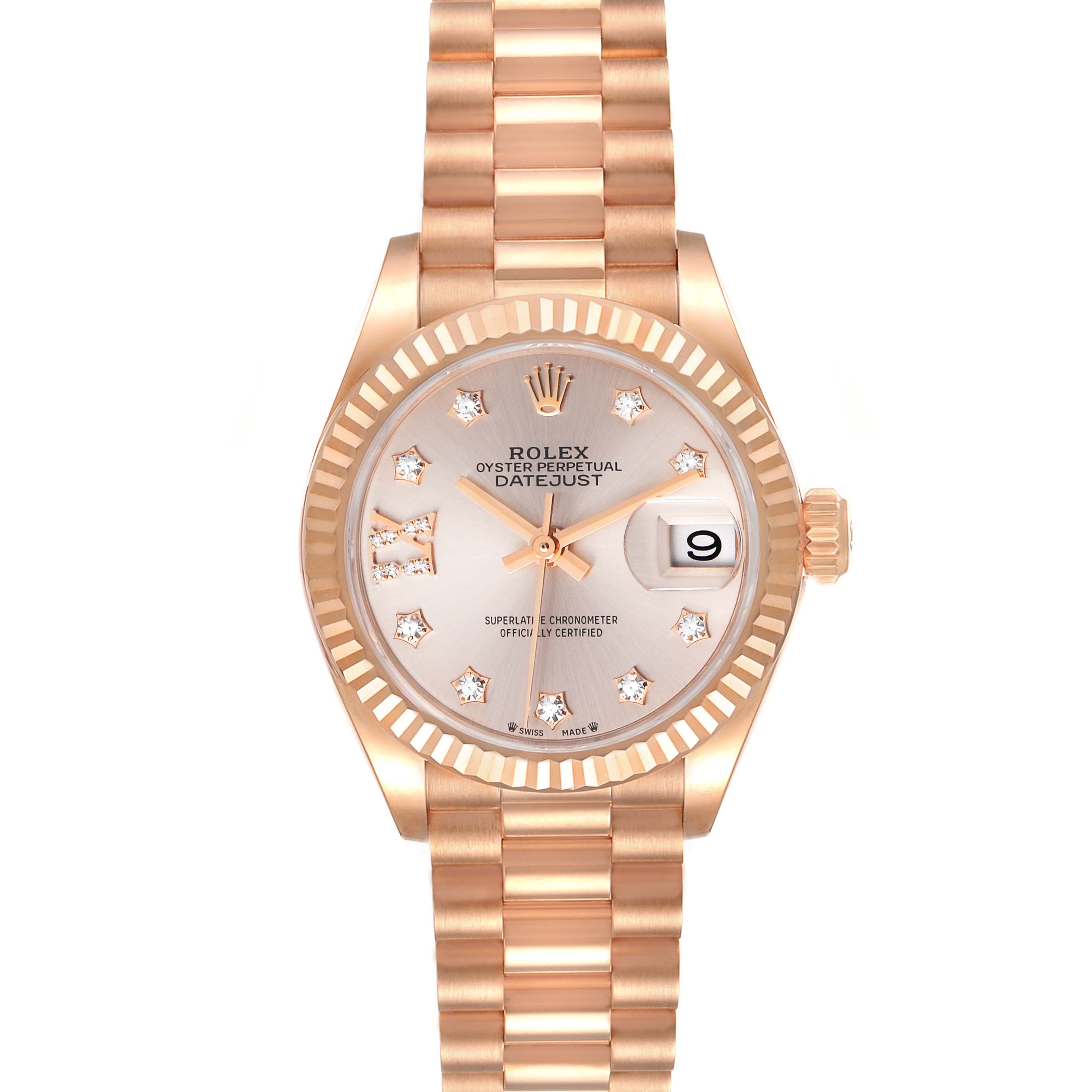 This image shows a frontal view of a Rolex President 279175 Women's Rose Gold Pink Dial 279175 Women's Rose Gold Pink Dial model watch with a date display and diamond hour markers.