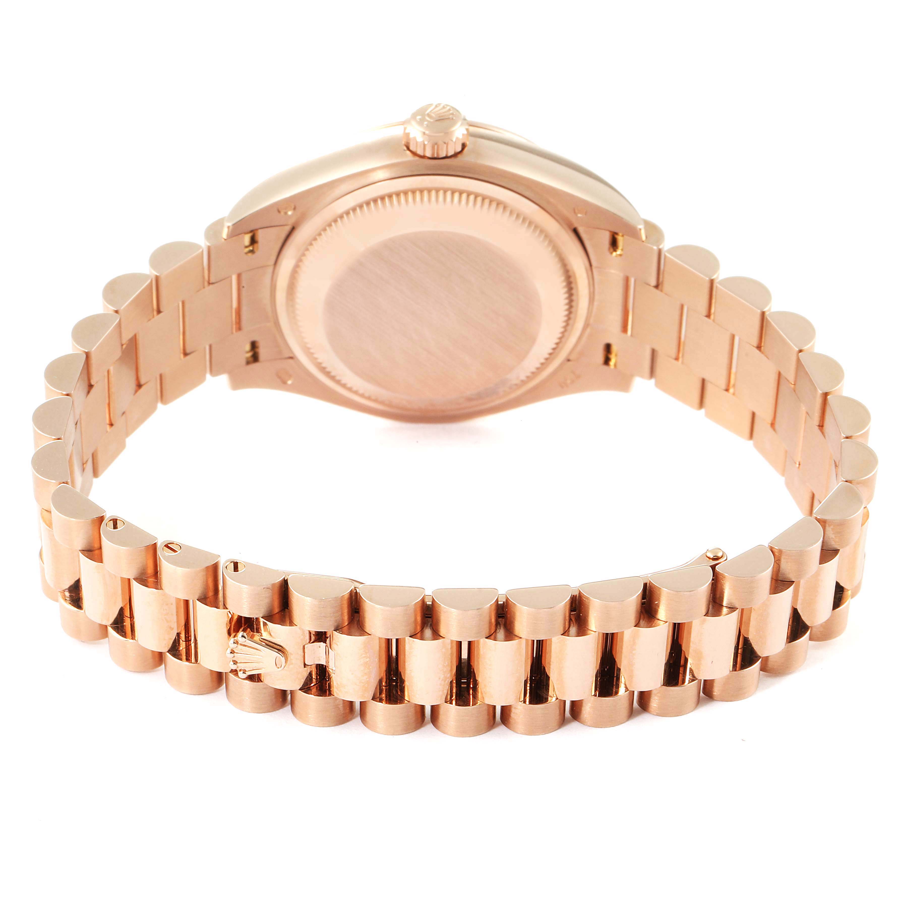 The Rolex President 279175 Women's Rose Gold Pink Dial 279175 Women's Rose Gold Pink Dial watch is shown from the back, highlighting its rose gold case and bracelet.