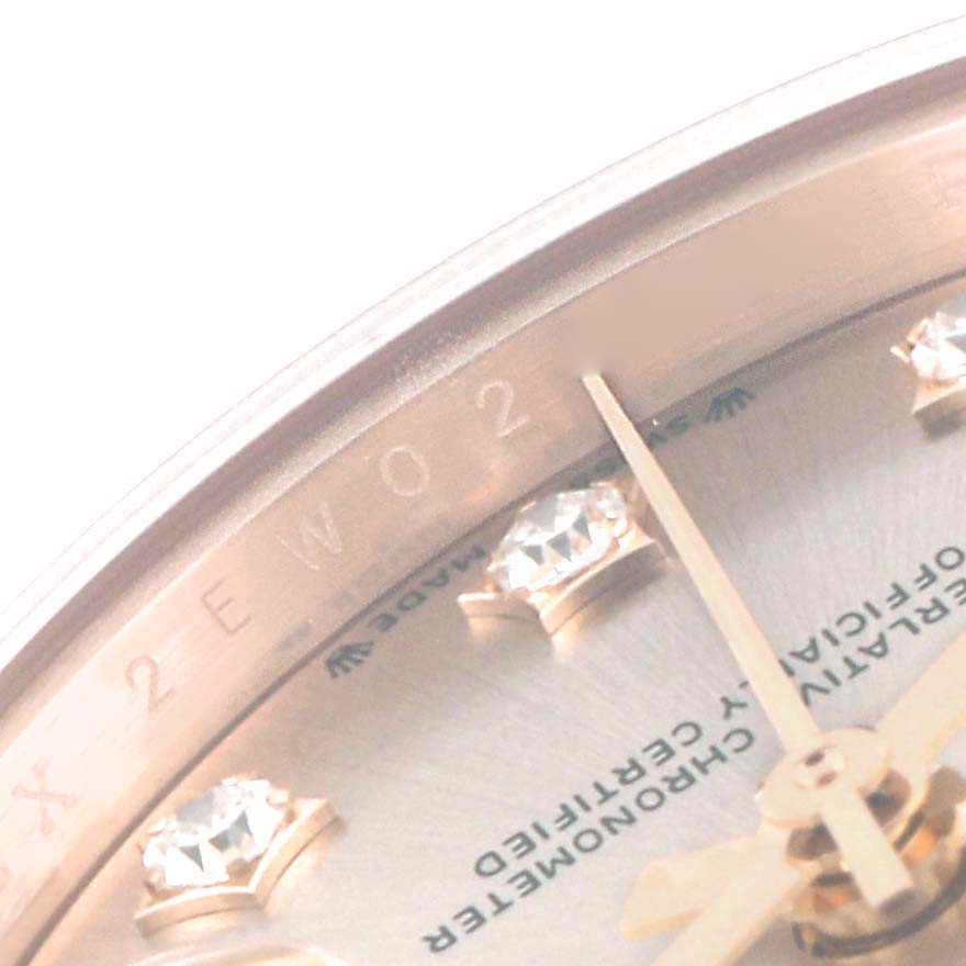 The close-up view shows the dial and diamond markers of the Rolex President 279175 Women's Rose Gold Pink Dial 279175 Women's Rose Gold Pink Dial model watch.