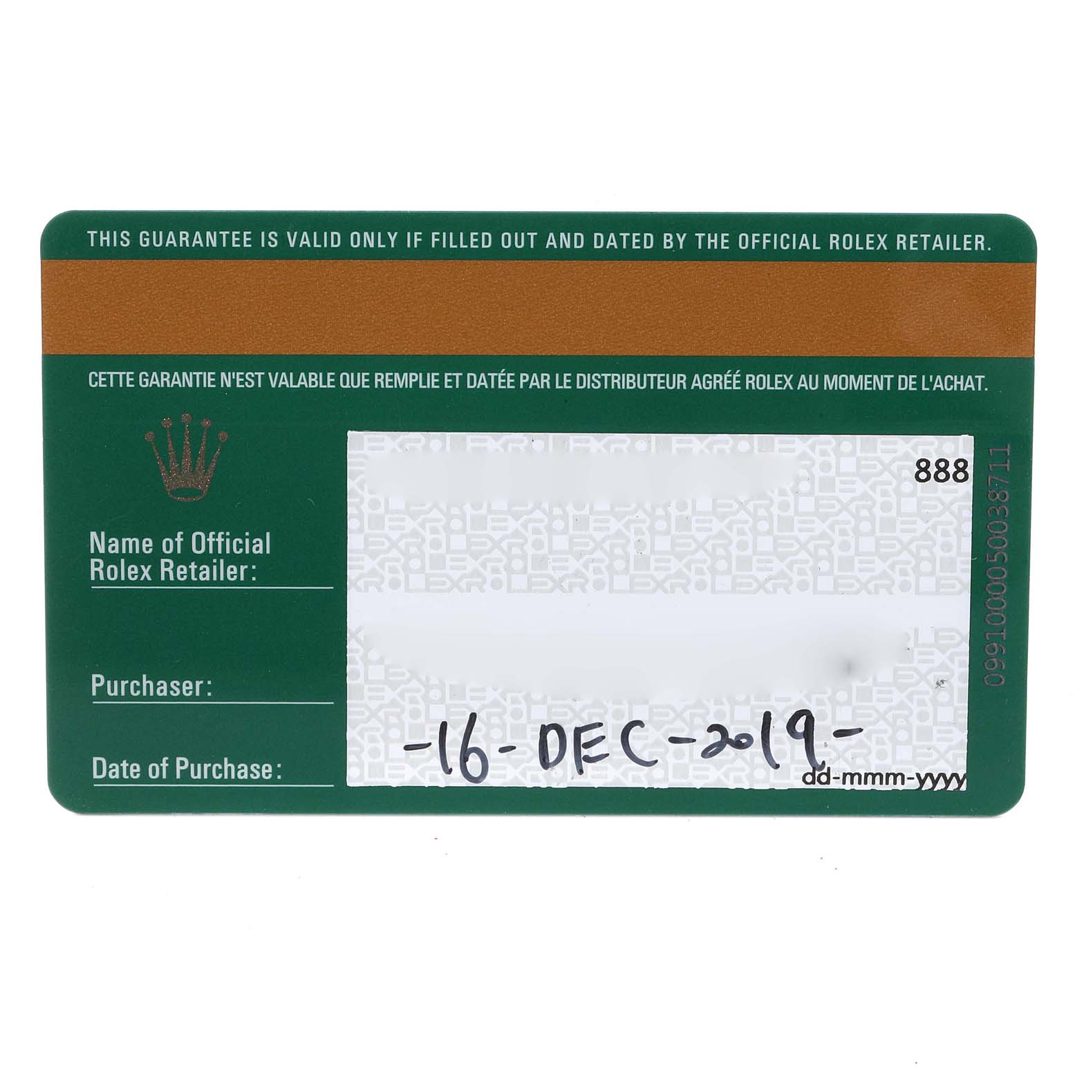 This is a guarantee card for a Rolex President 279175 Women's Rose Gold Pink Dial 279175 Women's Rose Gold Pink Dial model, showing details for the official retailer, purchaser, and date of purchase.