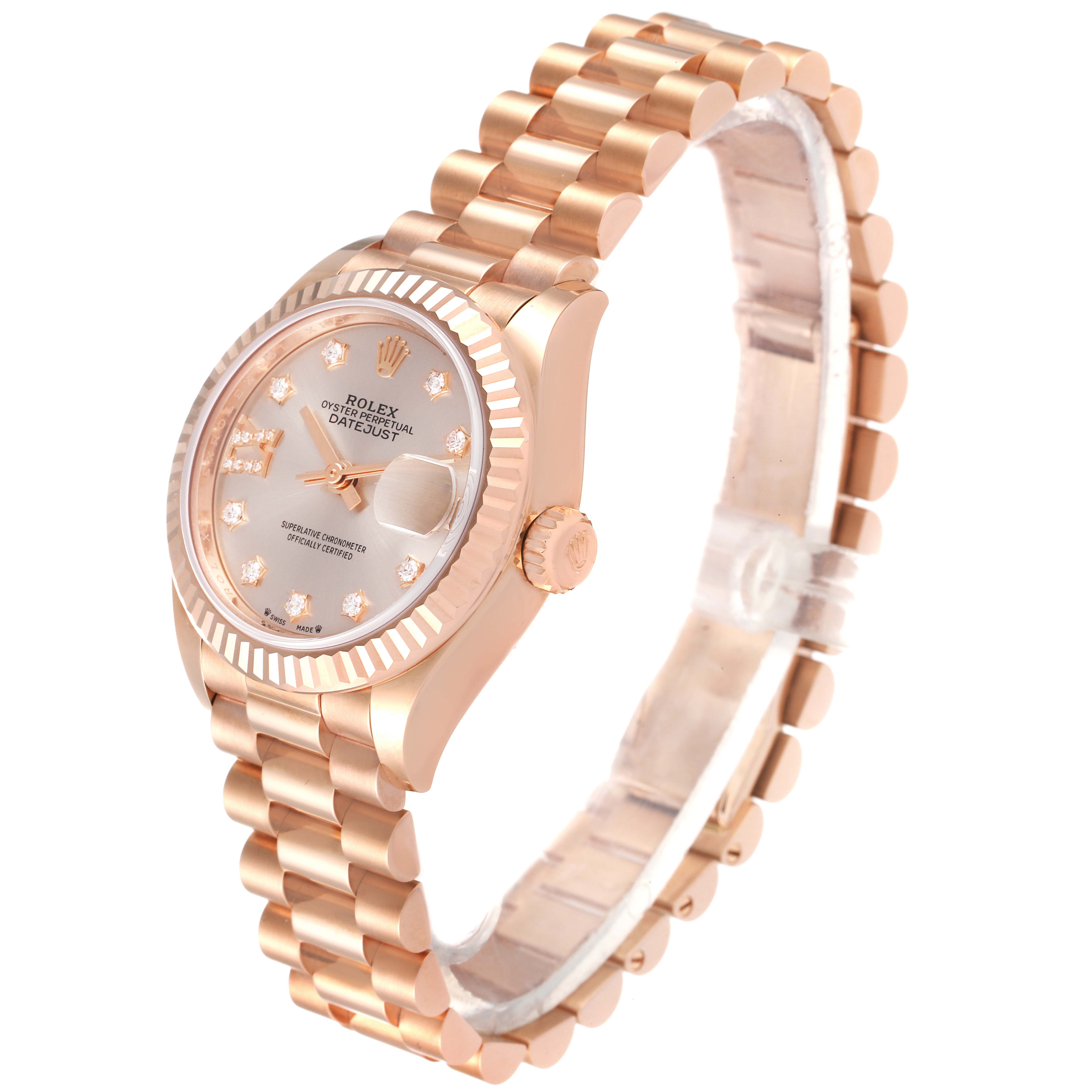 The image shows a side angle of a Rolex President 279175 Women's Rose Gold Pink Dial 279175 Women's Rose Gold Pink Dial model, highlighting its face, crown, and bracelet.