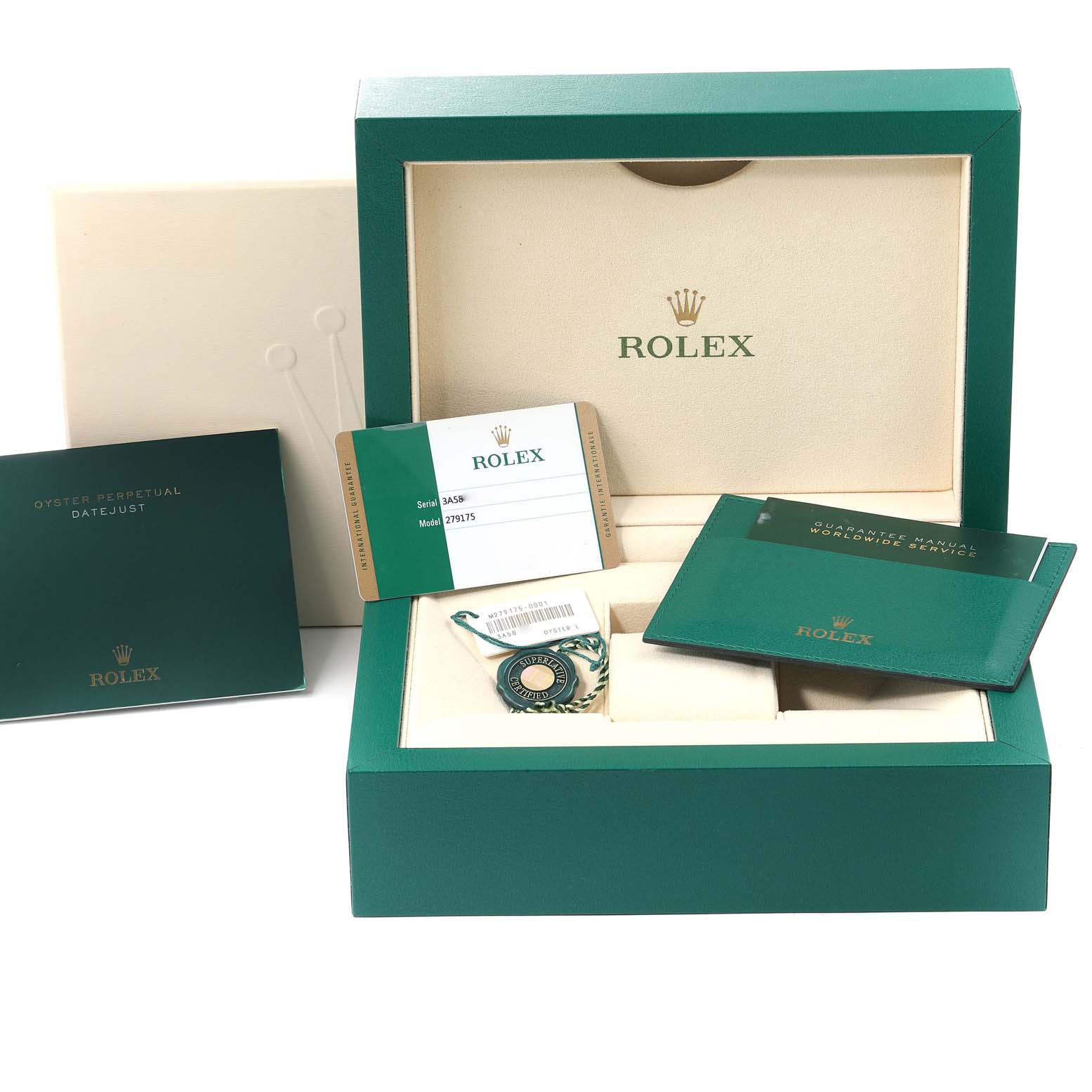 The image shows the packaging and accessories for a Rolex President 279175 Women's Rose Gold Pink Dial 279175 Women's Rose Gold Pink Dial model, including the box, manuals, hang tag, and warranty card.