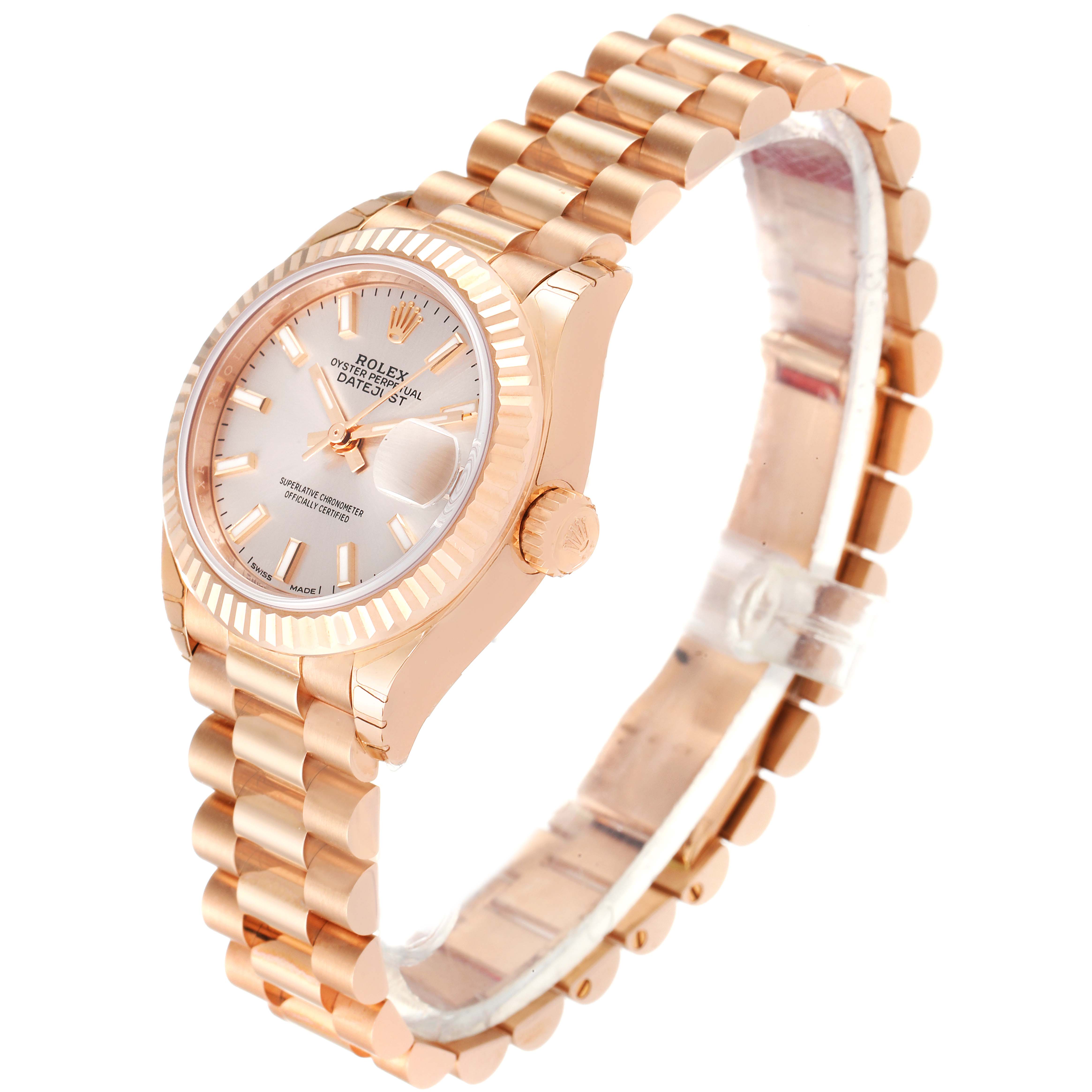 The image shows a Rolex President 279175 Women's Rose Gold Pink Dial 279175 Women's Rose Gold Pink Dial model watch at a 45-degree angle, highlighting its face, crown, and bracelet.