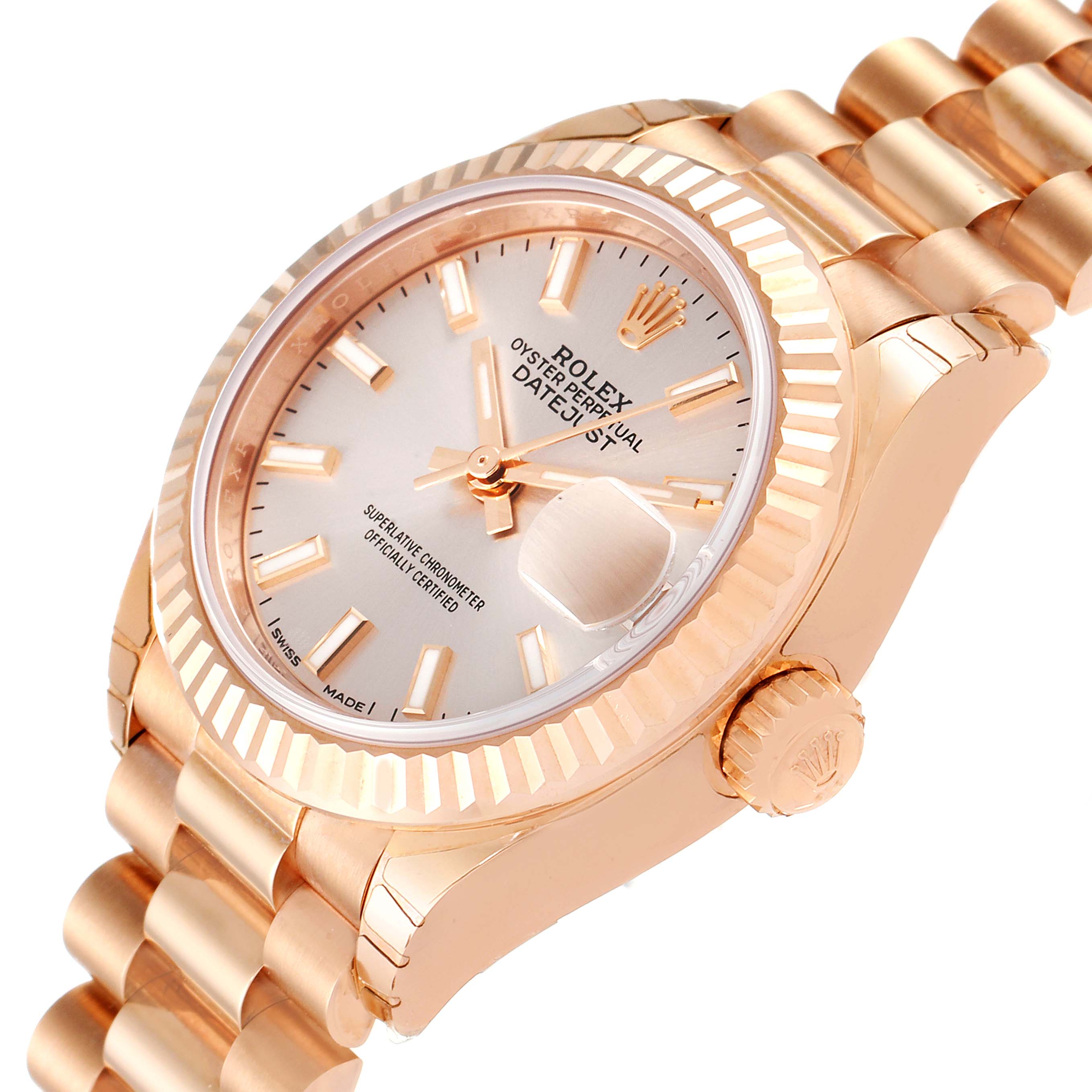 The image shows a close-up, angled view of the face, bezel, crown, and bracelet of a Rolex President 279175 Women's Rose Gold Pink Dial 279175 Women's Rose Gold Pink Dial model watch.