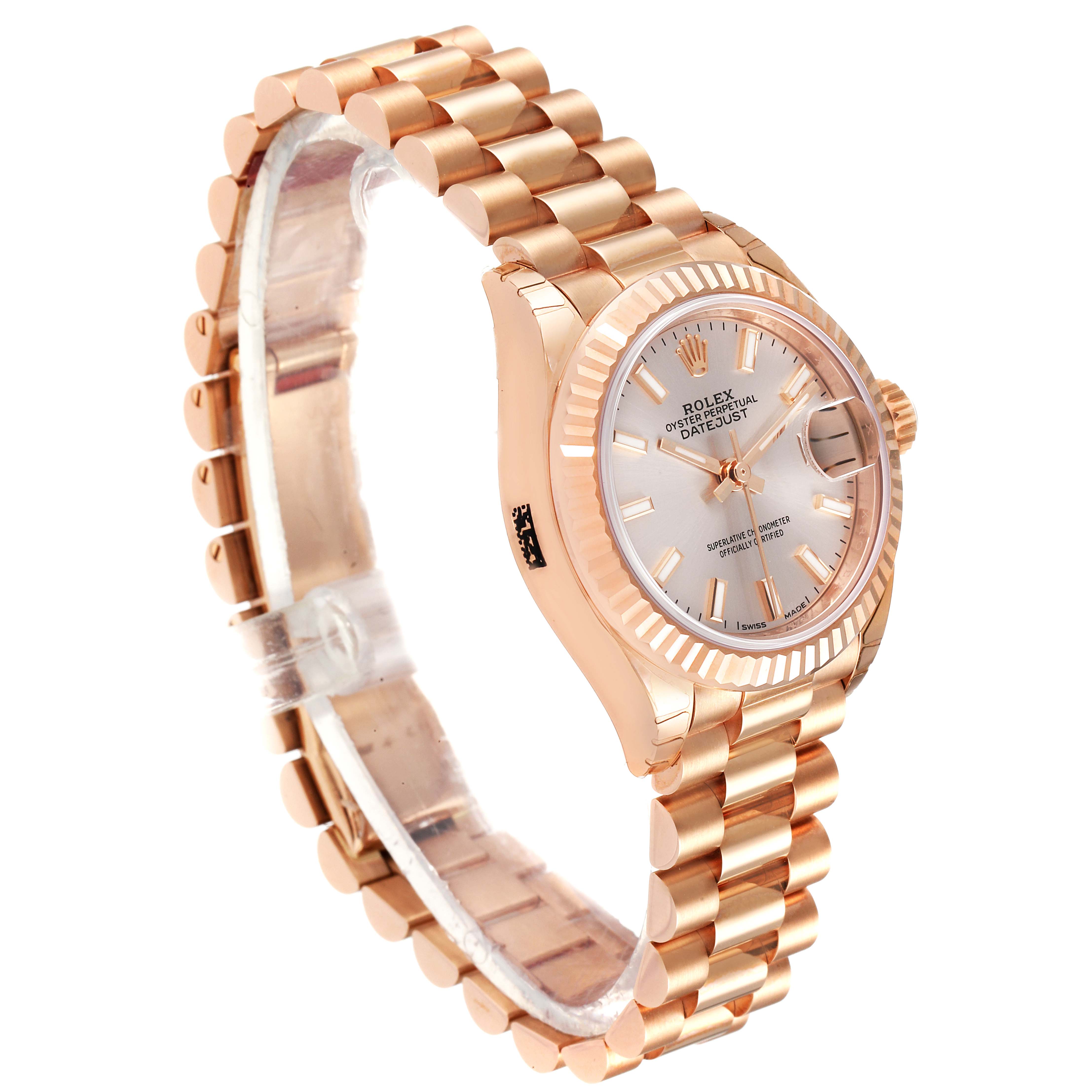 The Rolex President 279175 Women's Rose Gold Pink Dial 279175 Women's Rose Gold Pink Dial model watch is shown at a 3/4 angle, highlighting its face, bracelet, and crown.