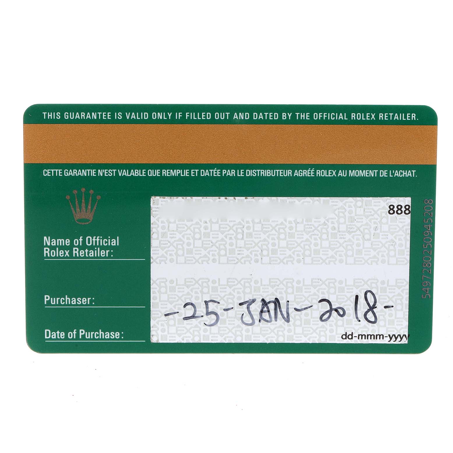 This image shows the guarantee card for a Rolex President 279175 Women's Rose Gold Pink Dial 279175 Women's Rose Gold Pink Dial model watch.