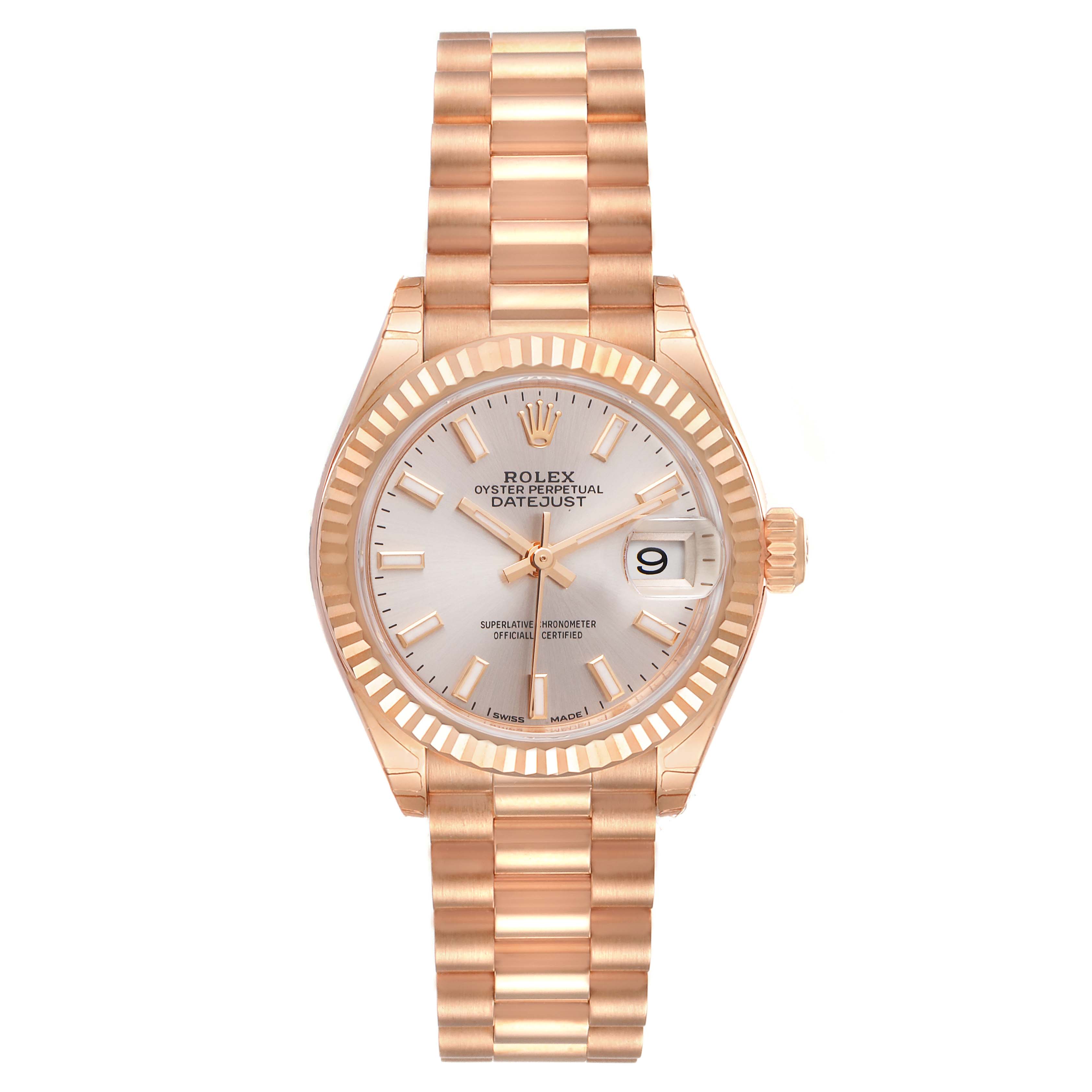 The image shows a front view of a Rolex President 279175 Women's Rose Gold Pink Dial 279175 Women's Rose Gold Pink Dial model, highlighting its dial, bracelet, and date window.
