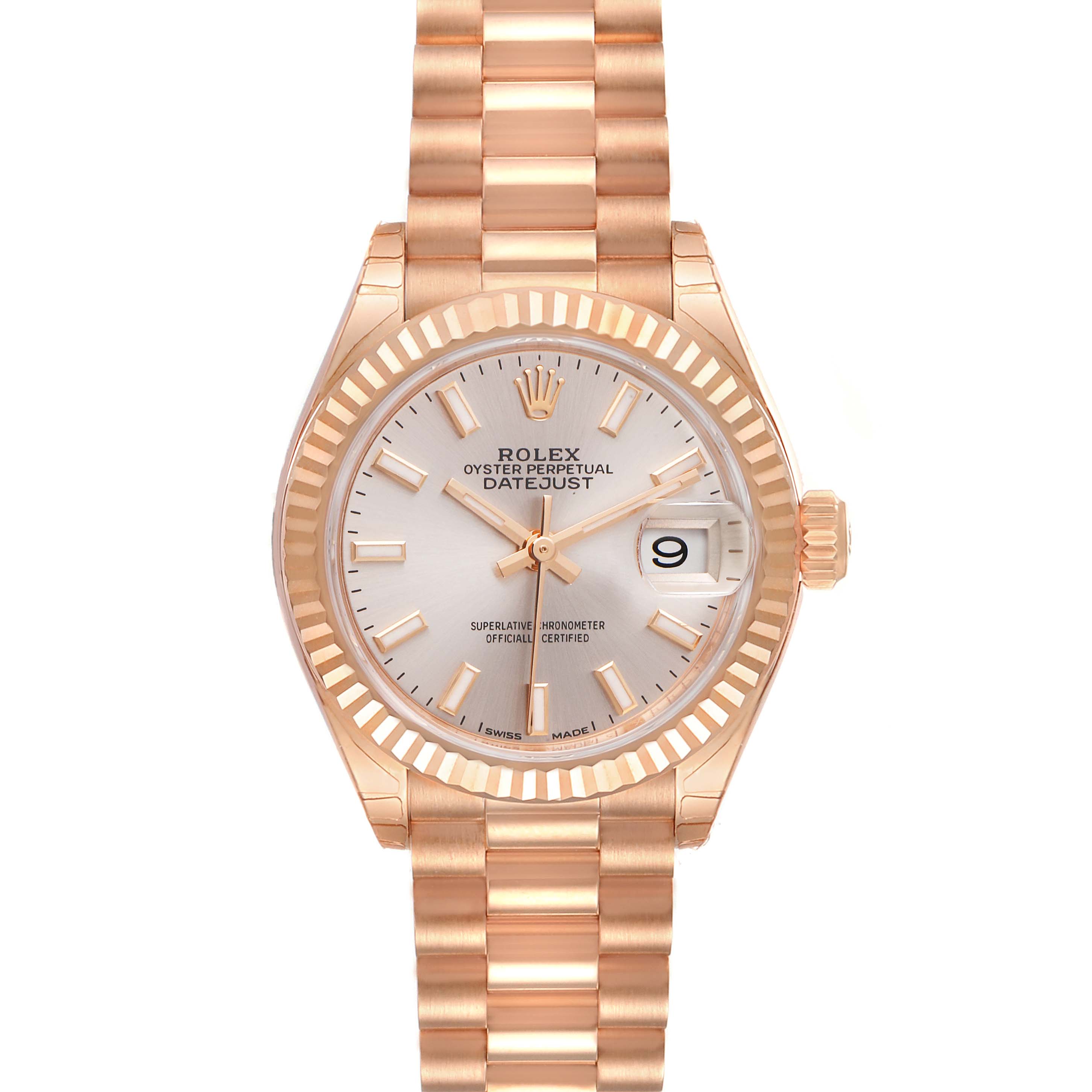 This image shows a front view of the Rolex President 279175 Women's Rose Gold Pink Dial 279175 Women's Rose Gold Pink Dial model watch, displaying its dial, bezel, bracelet, and crown.