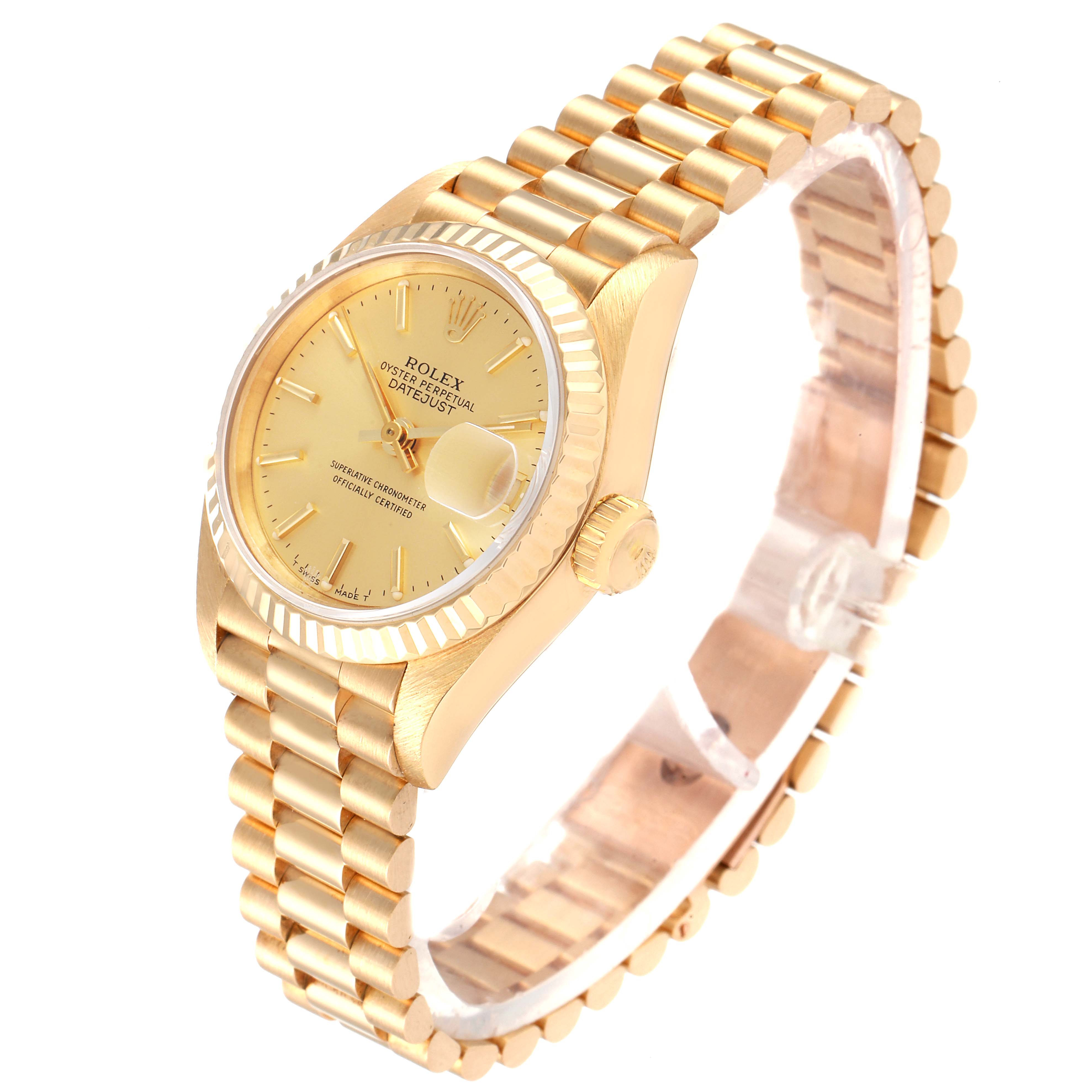The Rolex President 69178 Women
s Yellow Gold Champagne Dial 69178 Women
s Yellow Gold Champagne Dial model watch is shown at a slight angle highlighting the gold case, dial, fluted bezel, and bracelet.