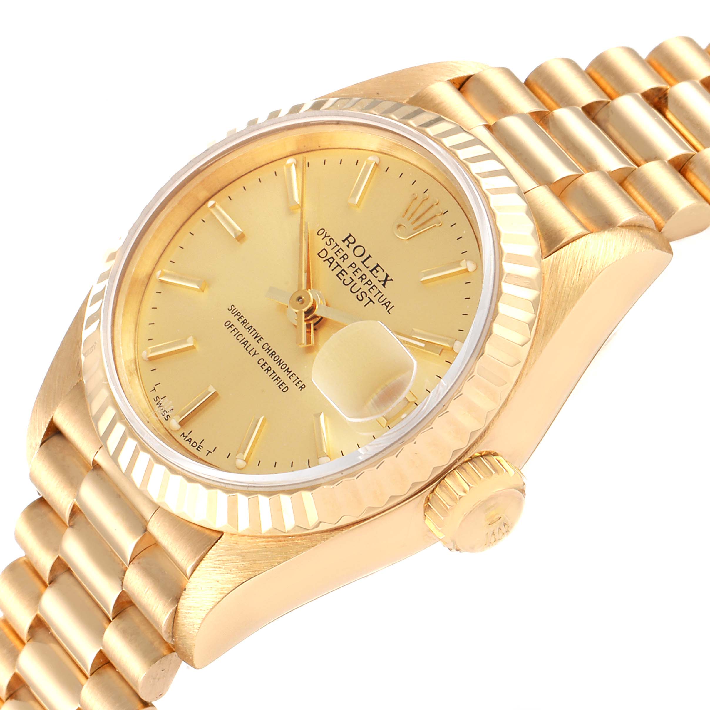 This image shows a close-up angled view of the Rolex President 69178 Women
s Yellow Gold Champagne Dial 69178 Women
s Yellow Gold Champagne Dial model watch, highlighting the dial, bezel, crown, and part of the bracelet.