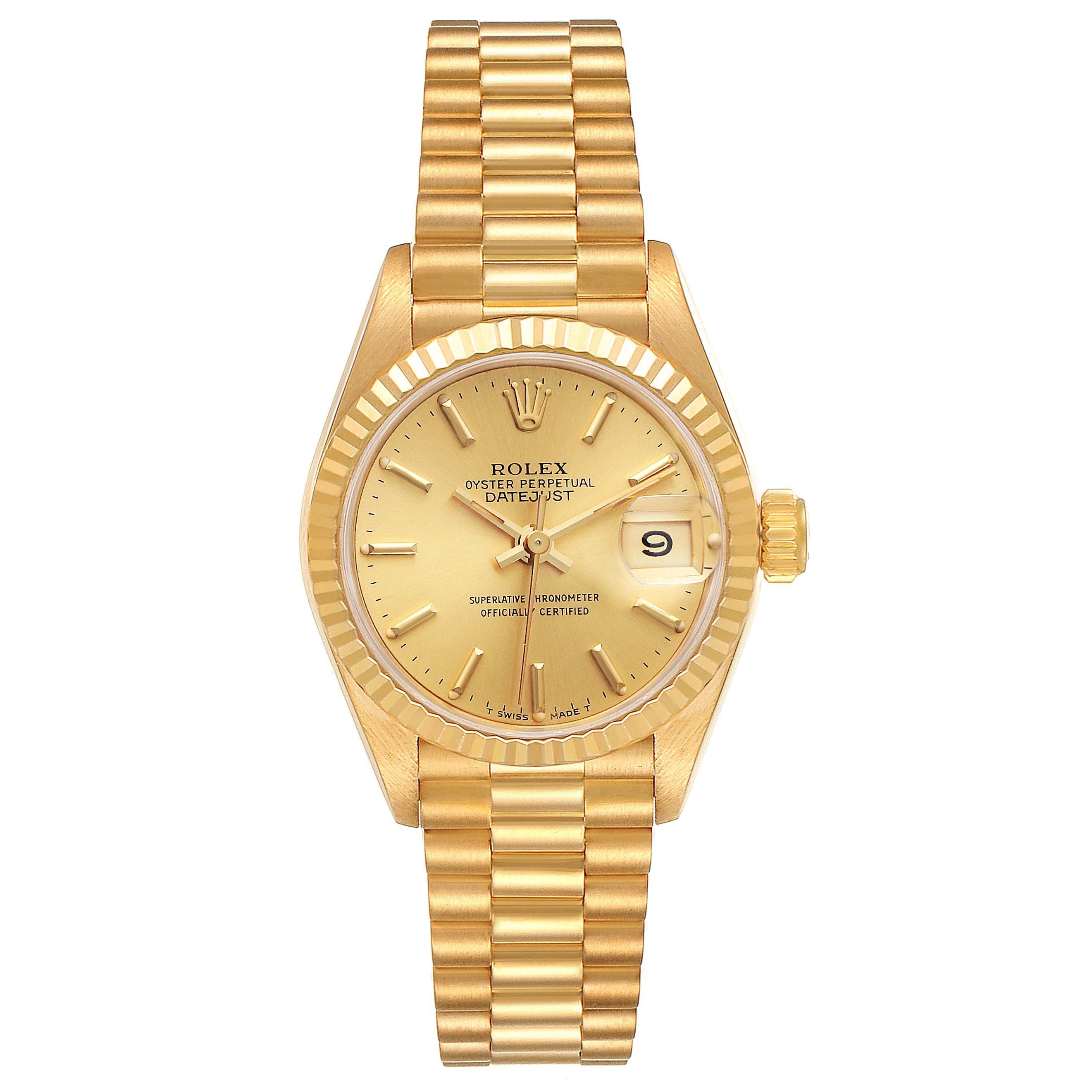 This is a frontal view of a Rolex President 69178 Women
s Yellow Gold Champagne Dial 69178 Women
s Yellow Gold Champagne Dial model watch showing the face, bezel, case, and bracelet.