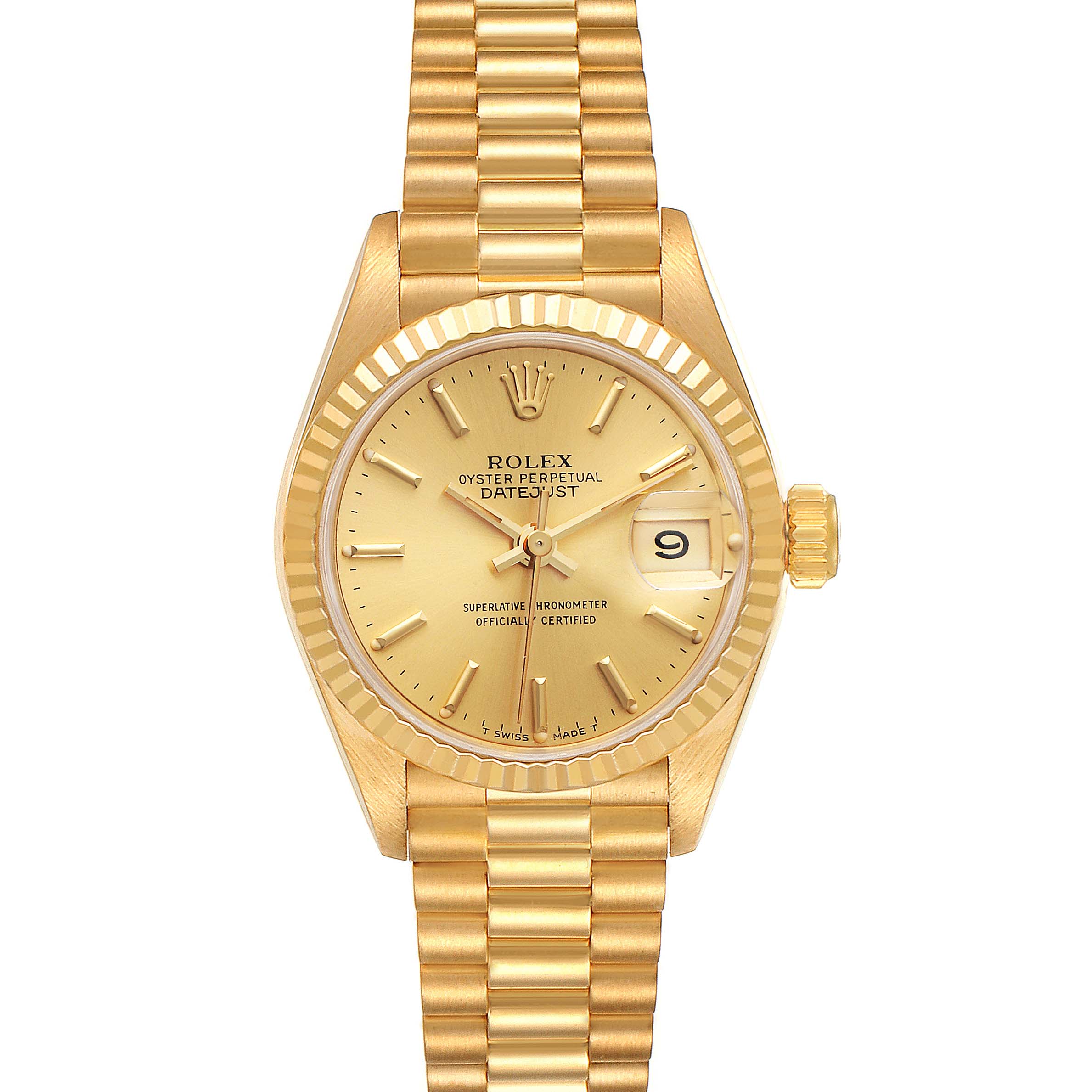 This image shows a front view of a Rolex President 69178 Women
s Yellow Gold Champagne Dial 69178 Women
s Yellow Gold Champagne Dial model watch, featuring the dial, case, bezel, and bracelet.