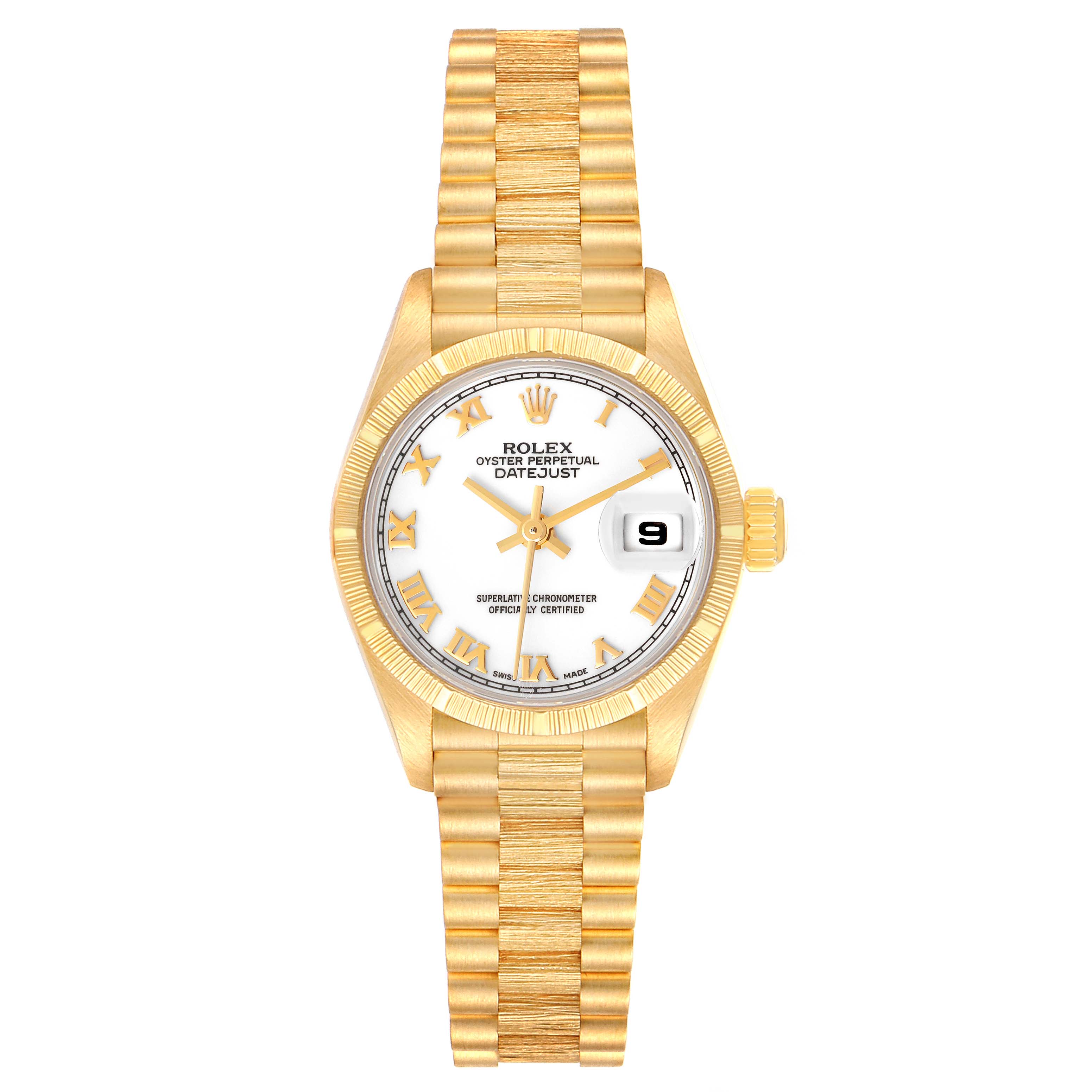 The image shows a Rolex President 69278 Women
s Yellow Gold White Dial 69278 Women
s Yellow Gold White Dial model watch viewed from the front, displaying its gold bracelet, white dial, and date window.