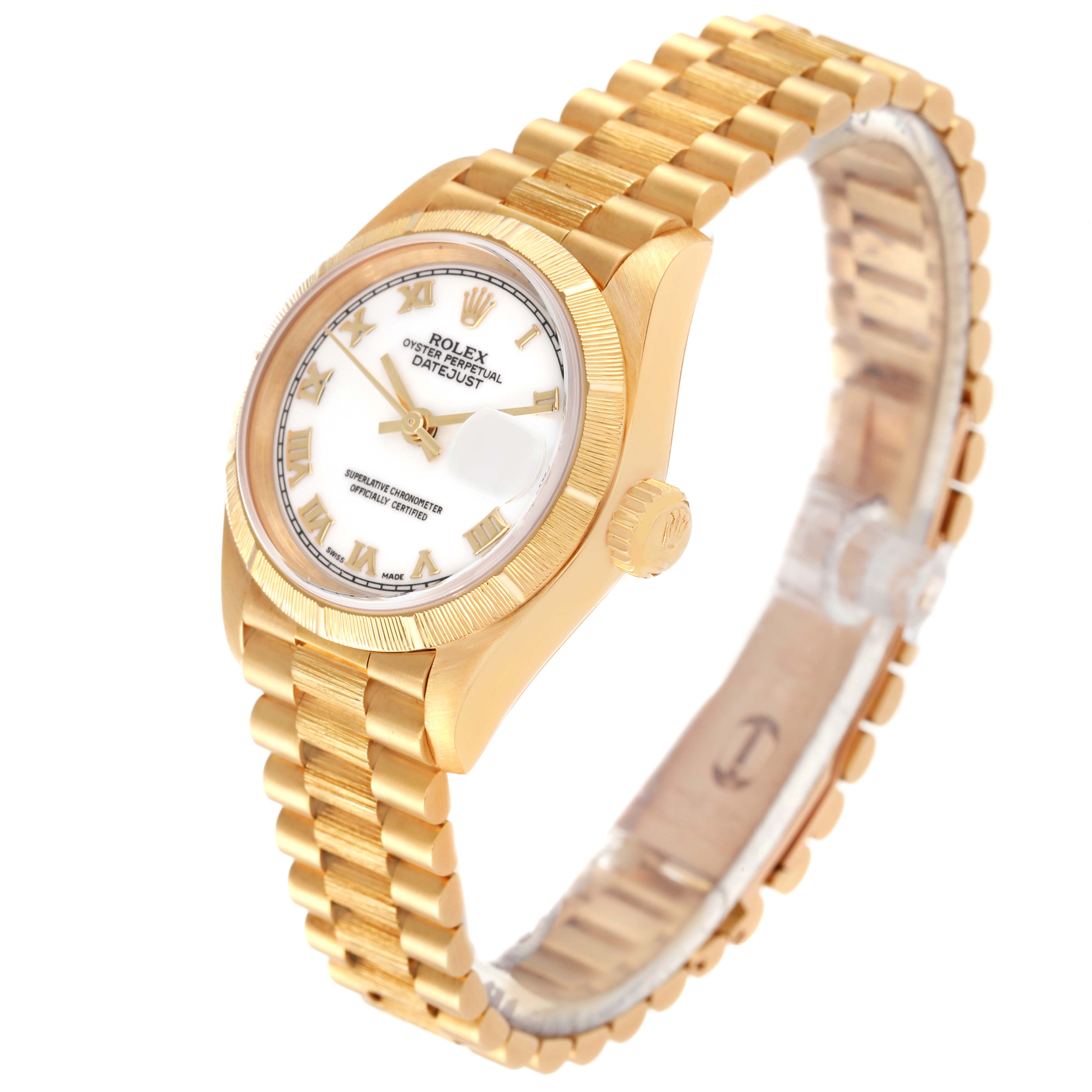 The Rolex President 69278 Women
s Yellow Gold White Dial 69278 Women
s Yellow Gold White Dial model watch is shown at a three-quarter angle, displaying the dial, case, bracelet, and crown.