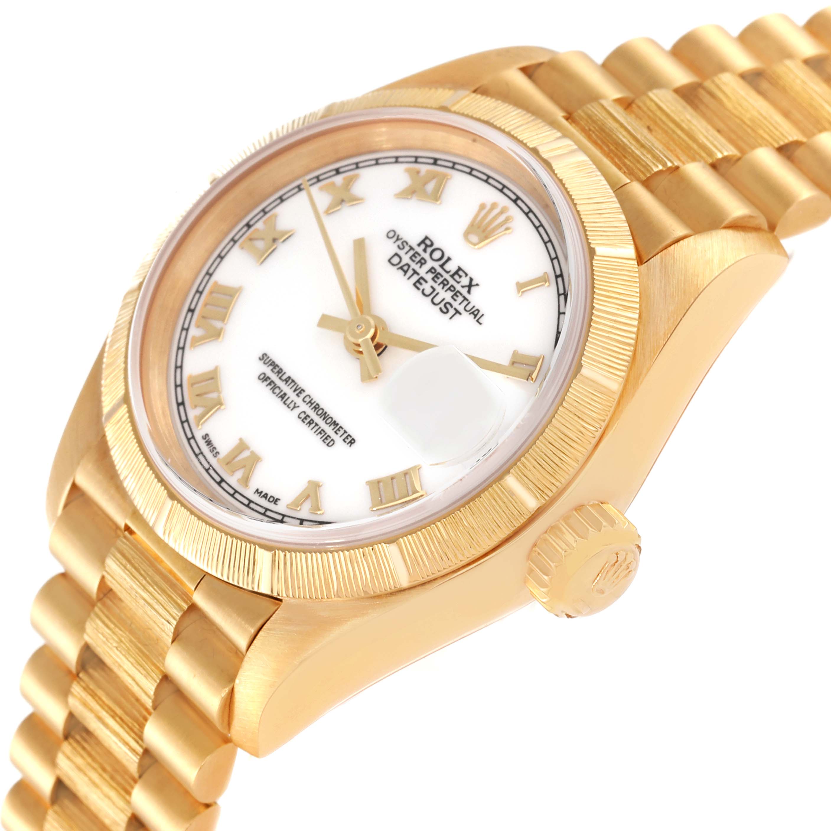 The image shows a Rolex President 69278 Women
s Yellow Gold White Dial 69278 Women
s Yellow Gold White Dial model watch at a slight angle, highlighting the dial, bezel, and part of the bracelet.