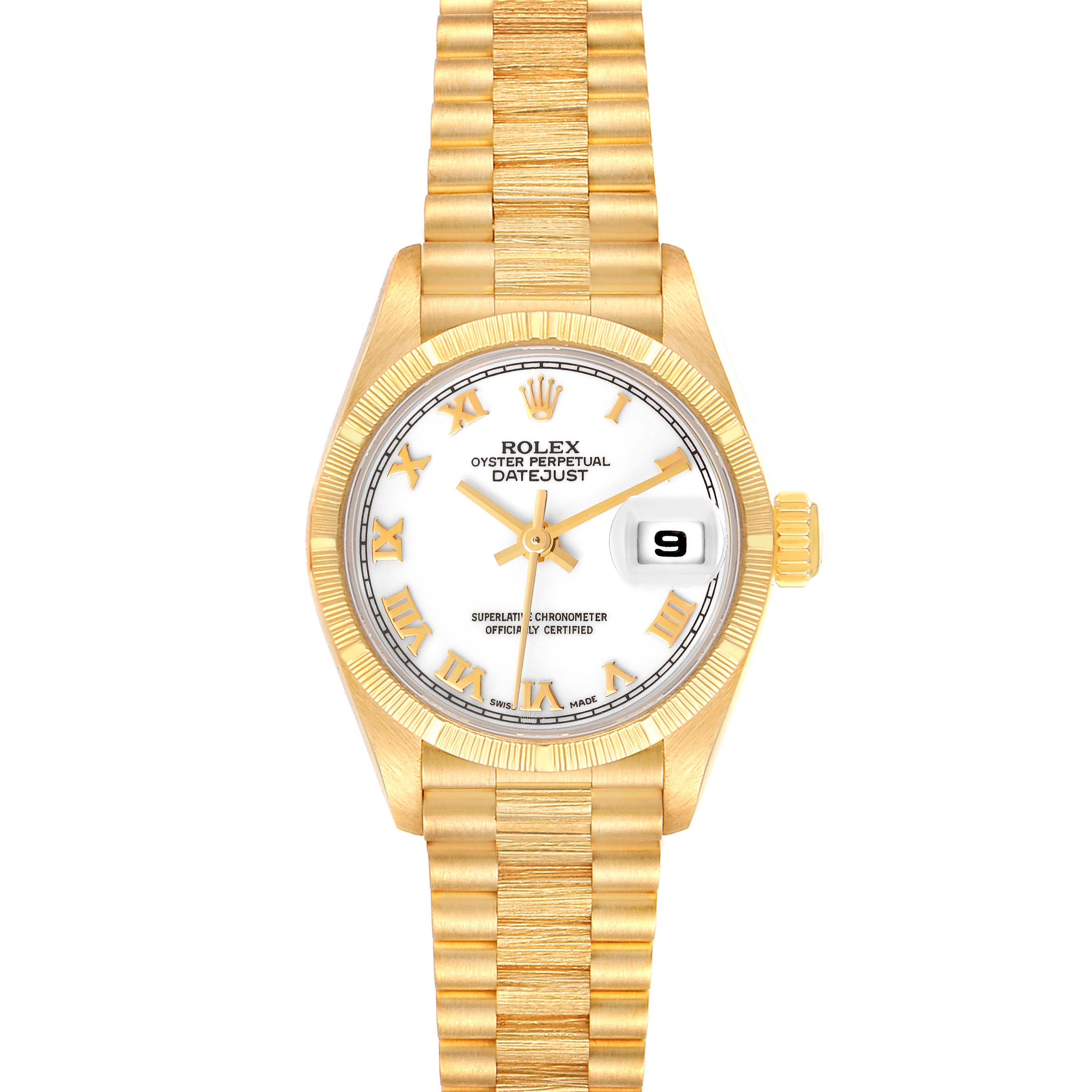 The Rolex President 69278 Women
s Yellow Gold White Dial 69278 Women
s Yellow Gold White Dial model watch is shown from a top-down angle, displaying the face, bezel, bracelet, and crown.