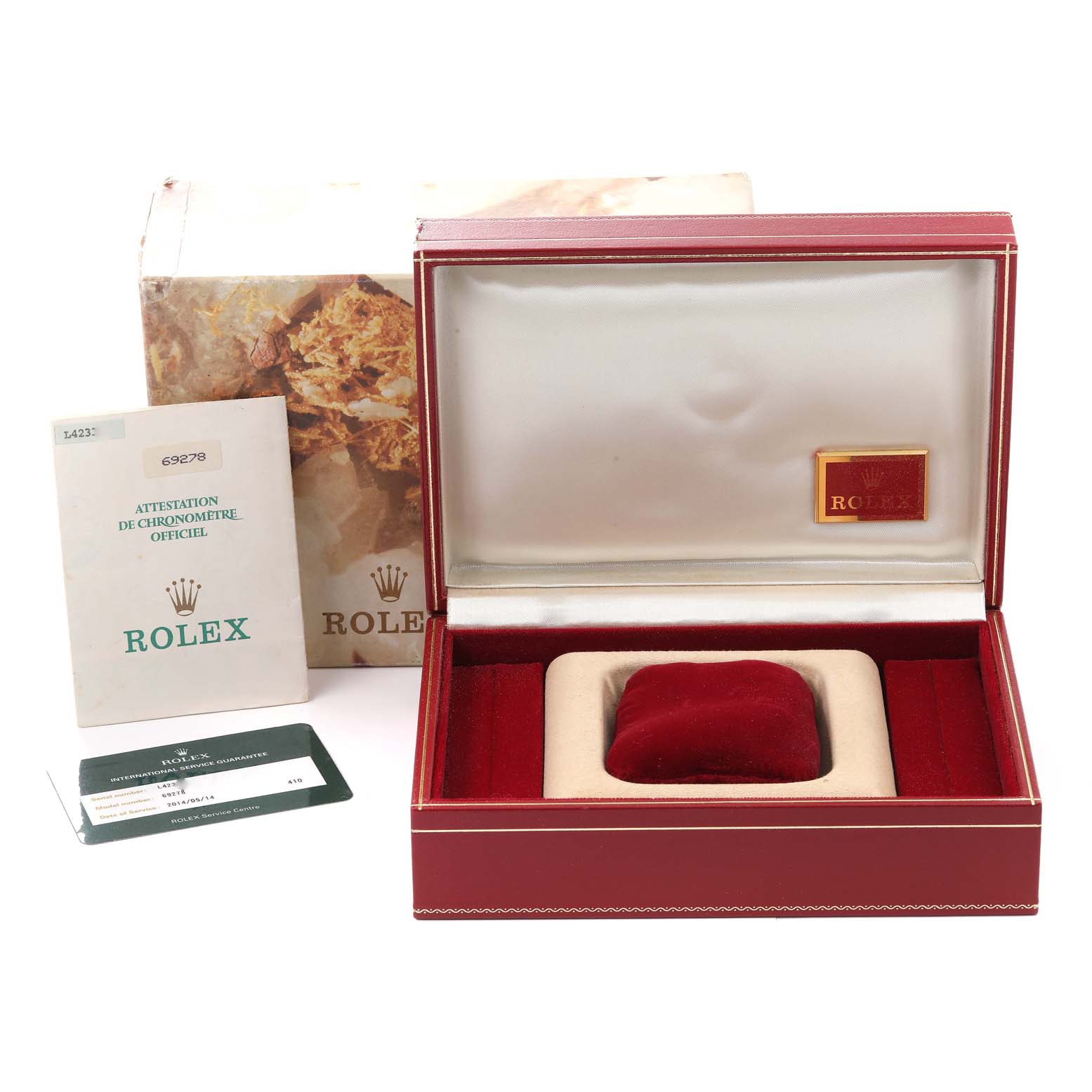 The image shows the open box, documentation, and original packaging of a Rolex President 69278 Women
s Yellow Gold White Dial 69278 Women
s Yellow Gold White Dial model watch.