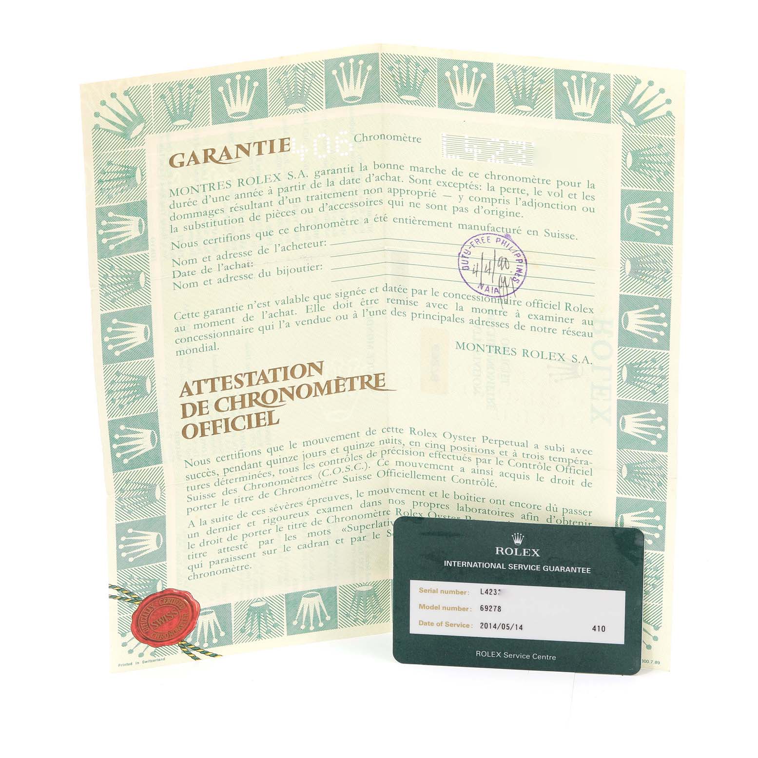 The image shows the warranty certificate and international service guarantee card for a Rolex President 69278 Women
s Yellow Gold White Dial 69278 Women
s Yellow Gold White Dial model watch.