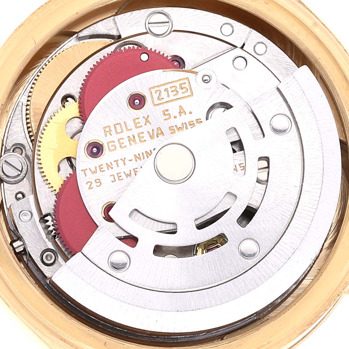 This image showcases the internal movement mechanism of a Rolex President 69278 Women
s Yellow Gold White Dial 69278 Women
s Yellow Gold White Dial model watch.