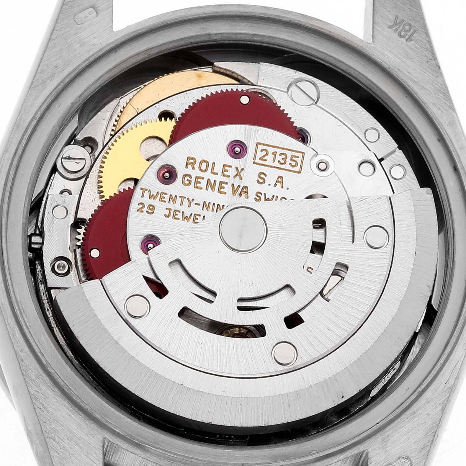 The image shows the internal movement of a Rolex President 69089 Women's White Gold Mother of Pearl Dial 69089 Women's White Gold Mother of Pearl Dial model, viewed from the back, displaying gears and rotors.