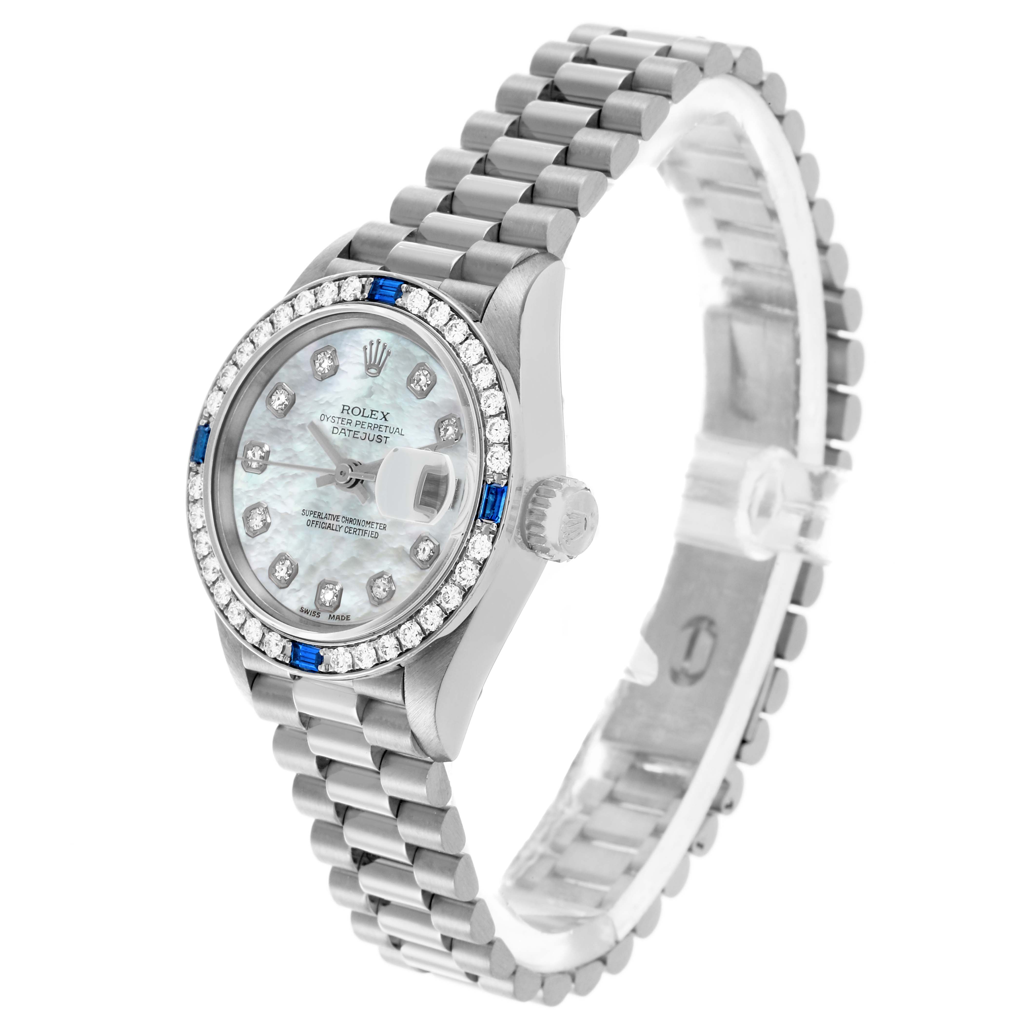 The Rolex President 69089 Women's White Gold Mother of Pearl Dial 69089 Women's White Gold Mother of Pearl Dial watch is shown at a slight angle, capturing the face, bezel, and bracelet.