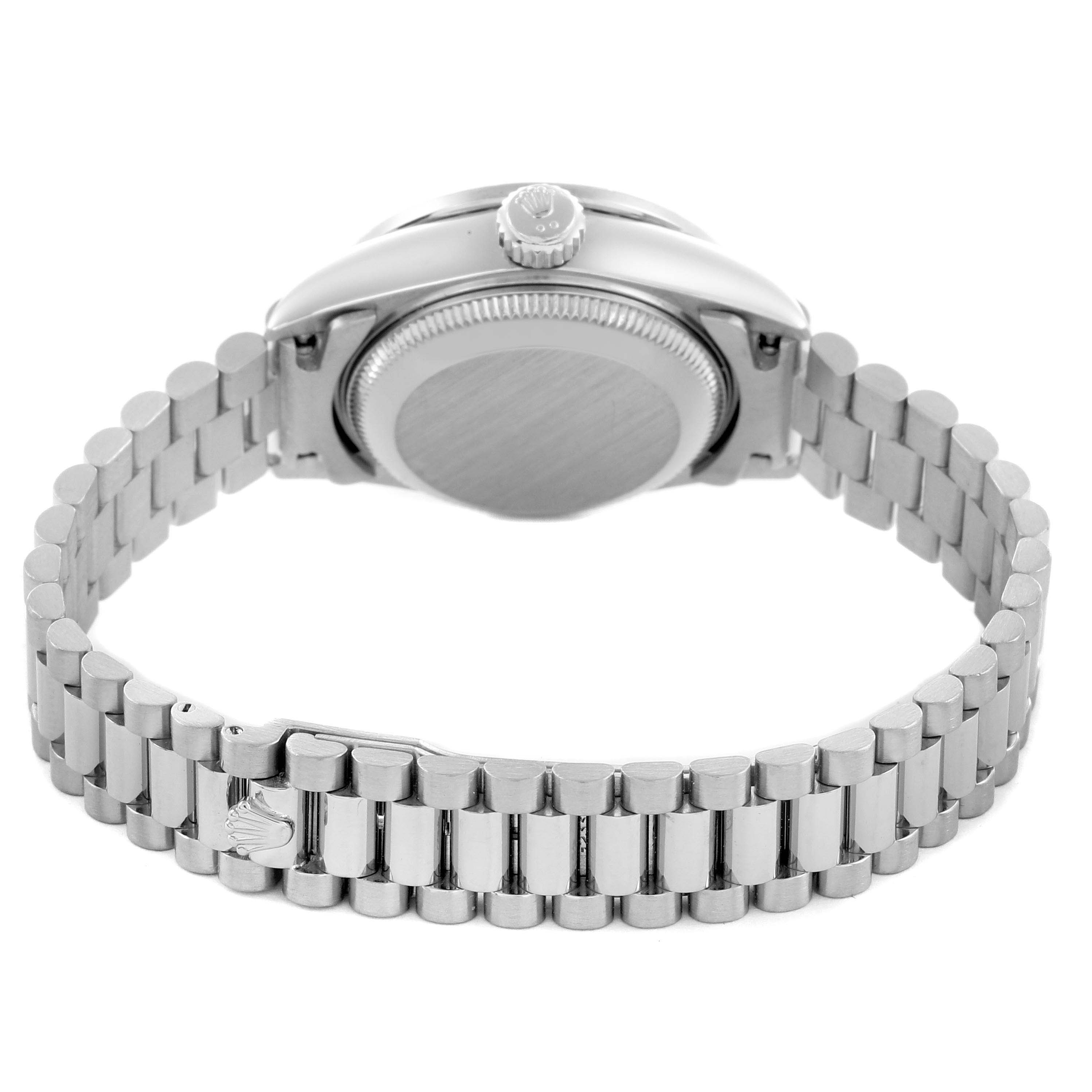 The image shows the back case and bracelet of a Rolex President 69089 Women's White Gold Mother of Pearl Dial 69089 Women's White Gold Mother of Pearl Dial model at a slight angle, focusing on the clasp and links.