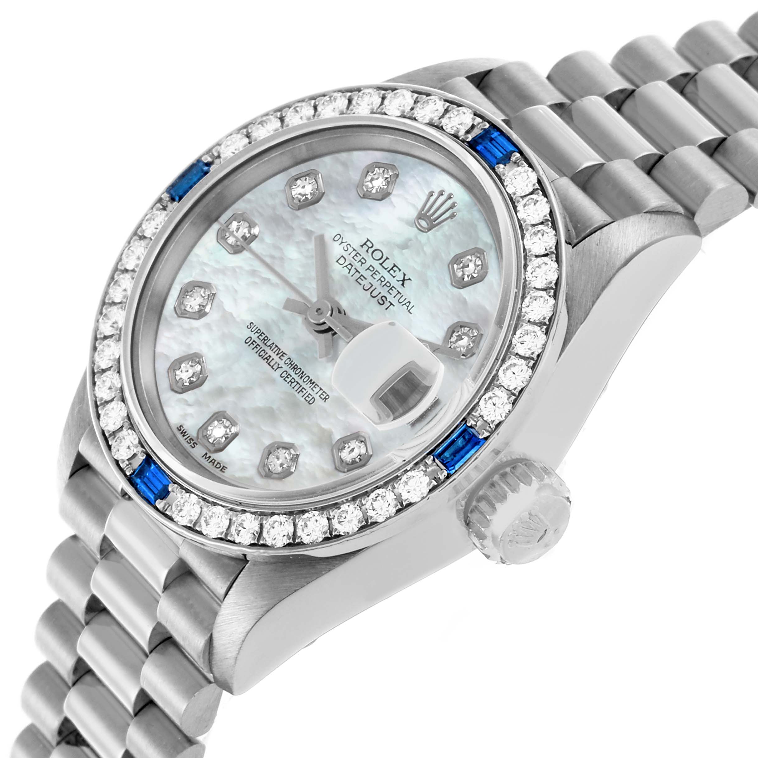 This image of the Rolex President 69089 Women's White Gold Mother of Pearl Dial 69089 Women's White Gold Mother of Pearl Dial model shows a close-up angled view of the dial, bezel, and bracelet.