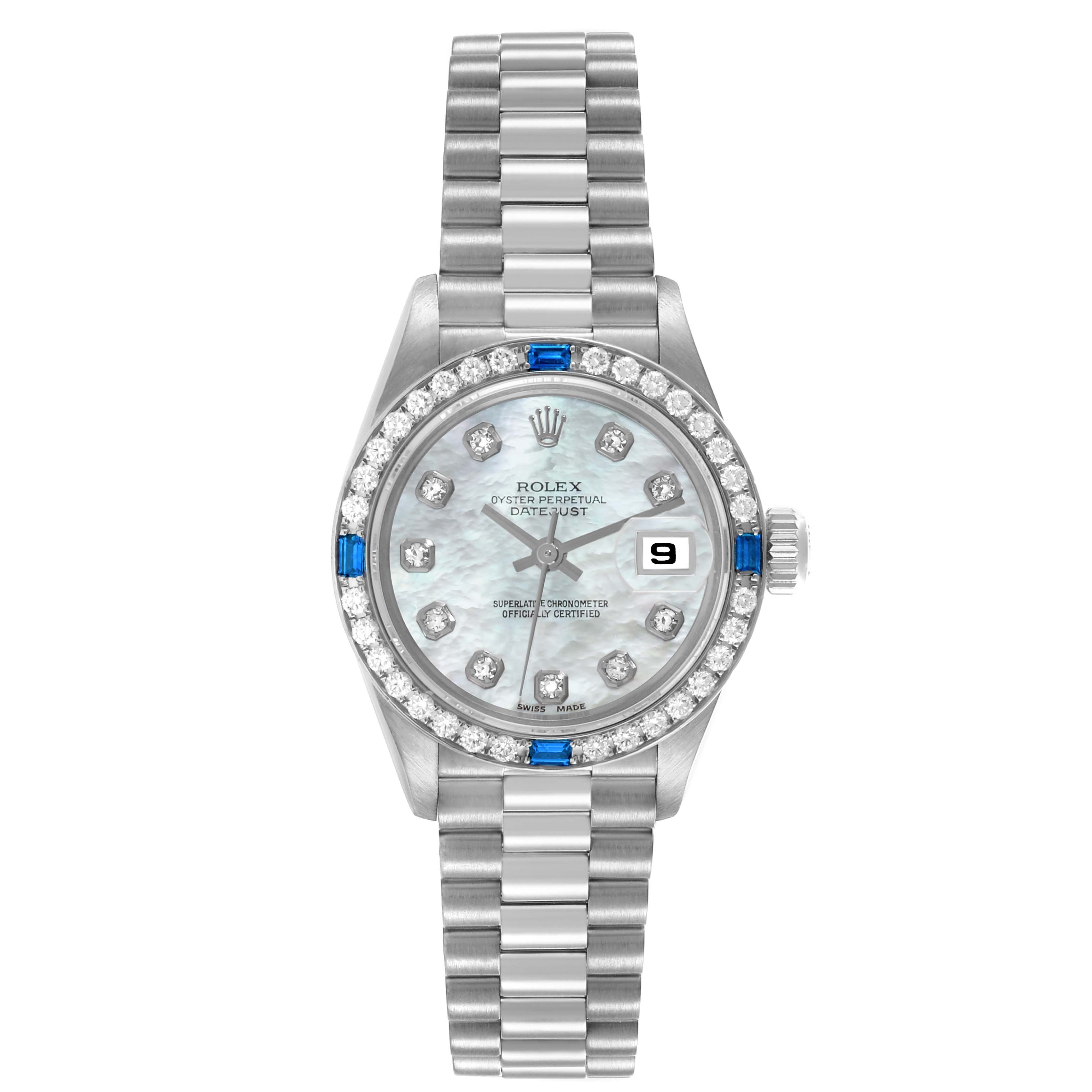 The Rolex President 69089 Women's White Gold Mother of Pearl Dial 69089 Women's White Gold Mother of Pearl Dial model watch is shown from a front angle, displaying the face, bezel, and bracelet.