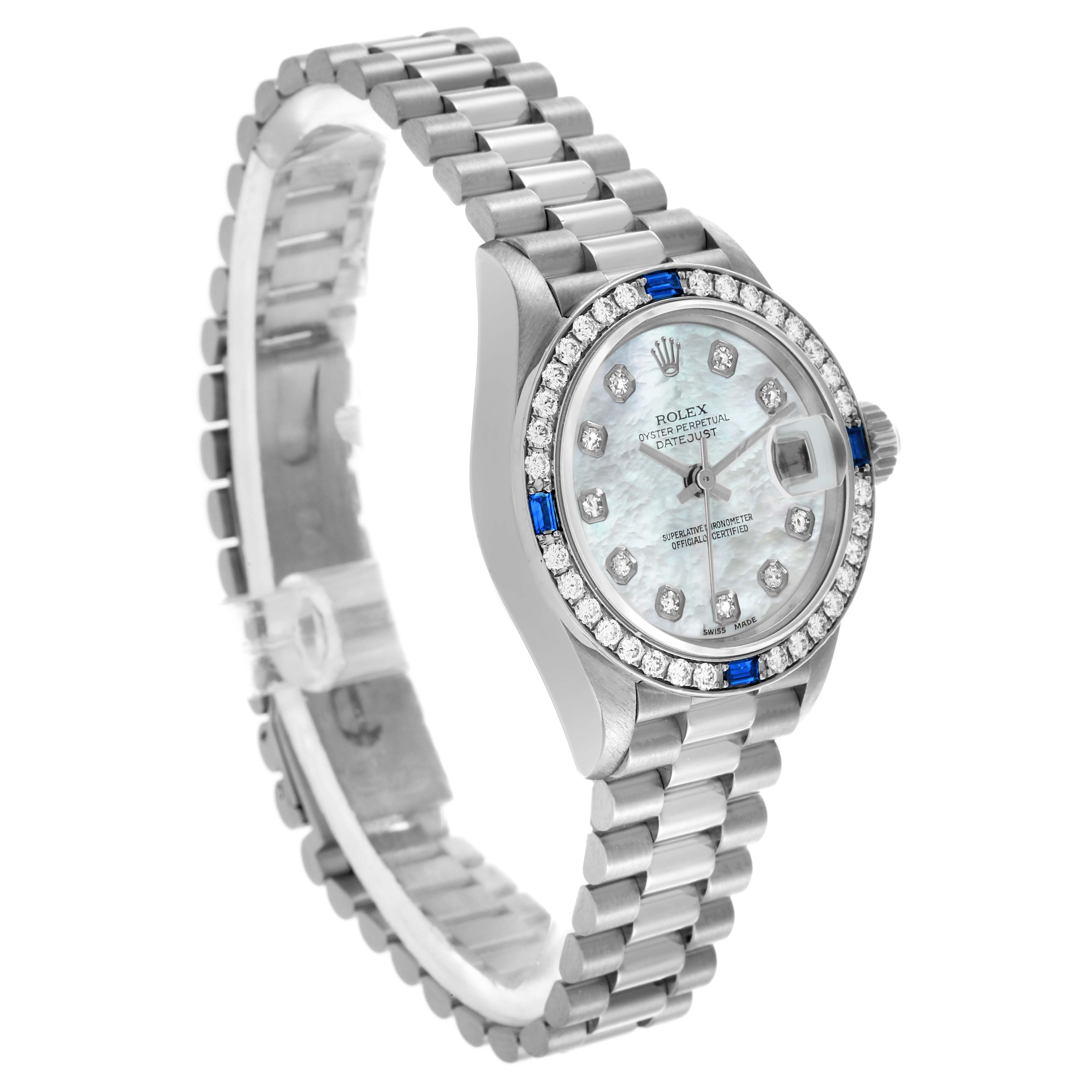 The Rolex President 69089 Women's White Gold Mother of Pearl Dial 69089 Women's White Gold Mother of Pearl Dial model watch is shown at a side angle, highlighting its bracelet, dial, and bezel.