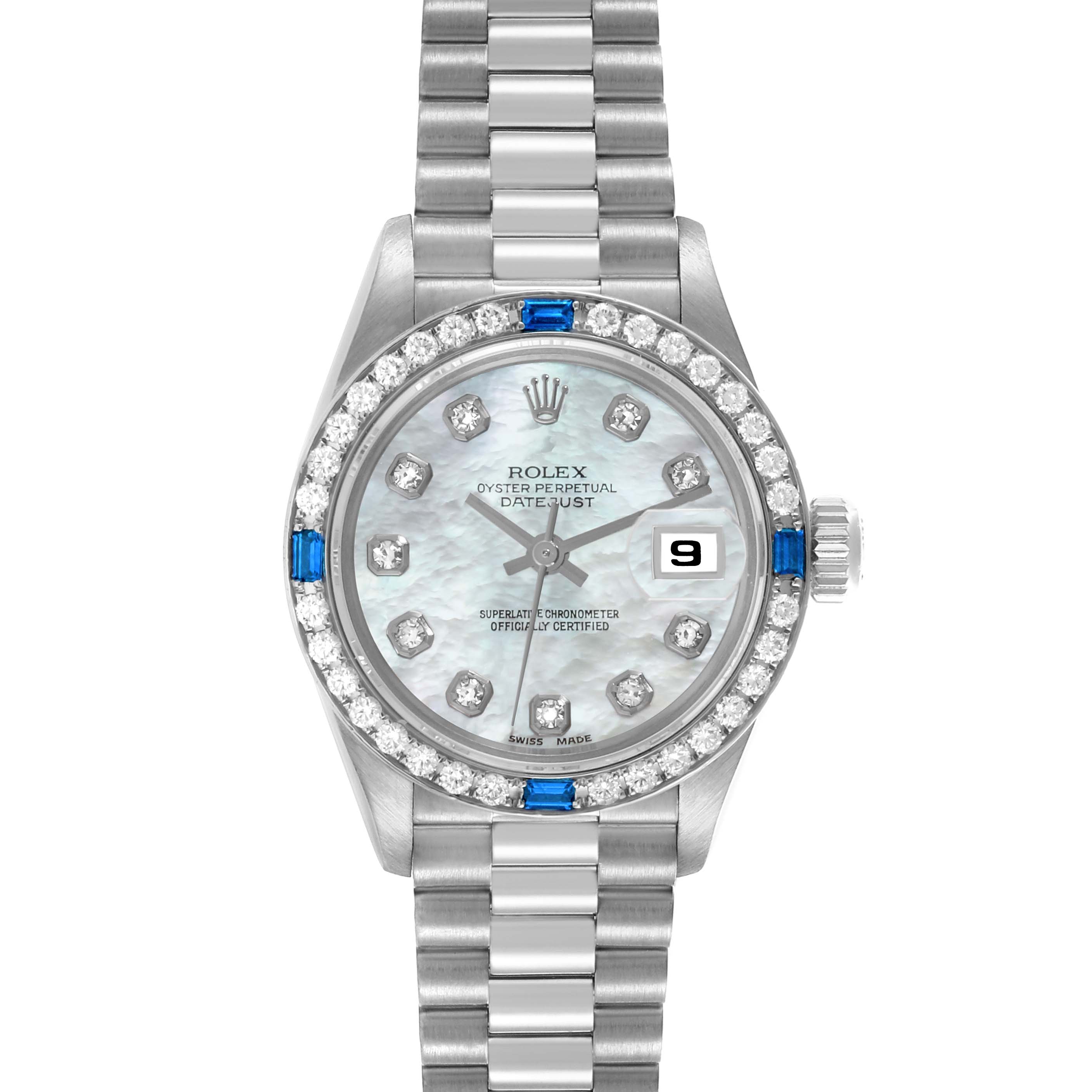 The Rolex President 69089 Women's White Gold Mother of Pearl Dial 69089 Women's White Gold Mother of Pearl Dial model is shown from a top-down angle, featuring the face, bezel, and bracelet.