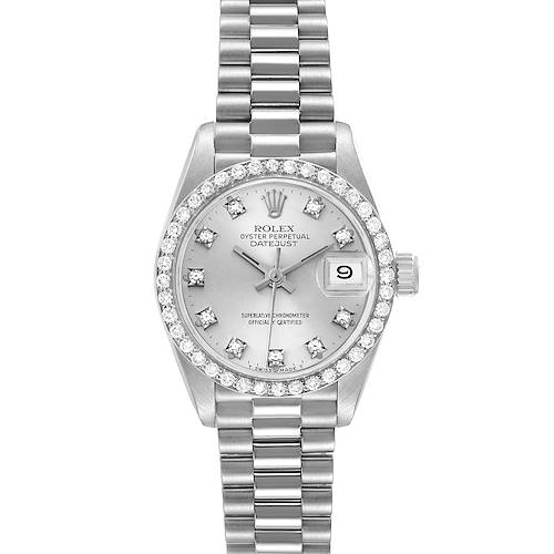 The Rolex President model watch is shown from the front, displaying its dial, bracelet, bezel, and date window.