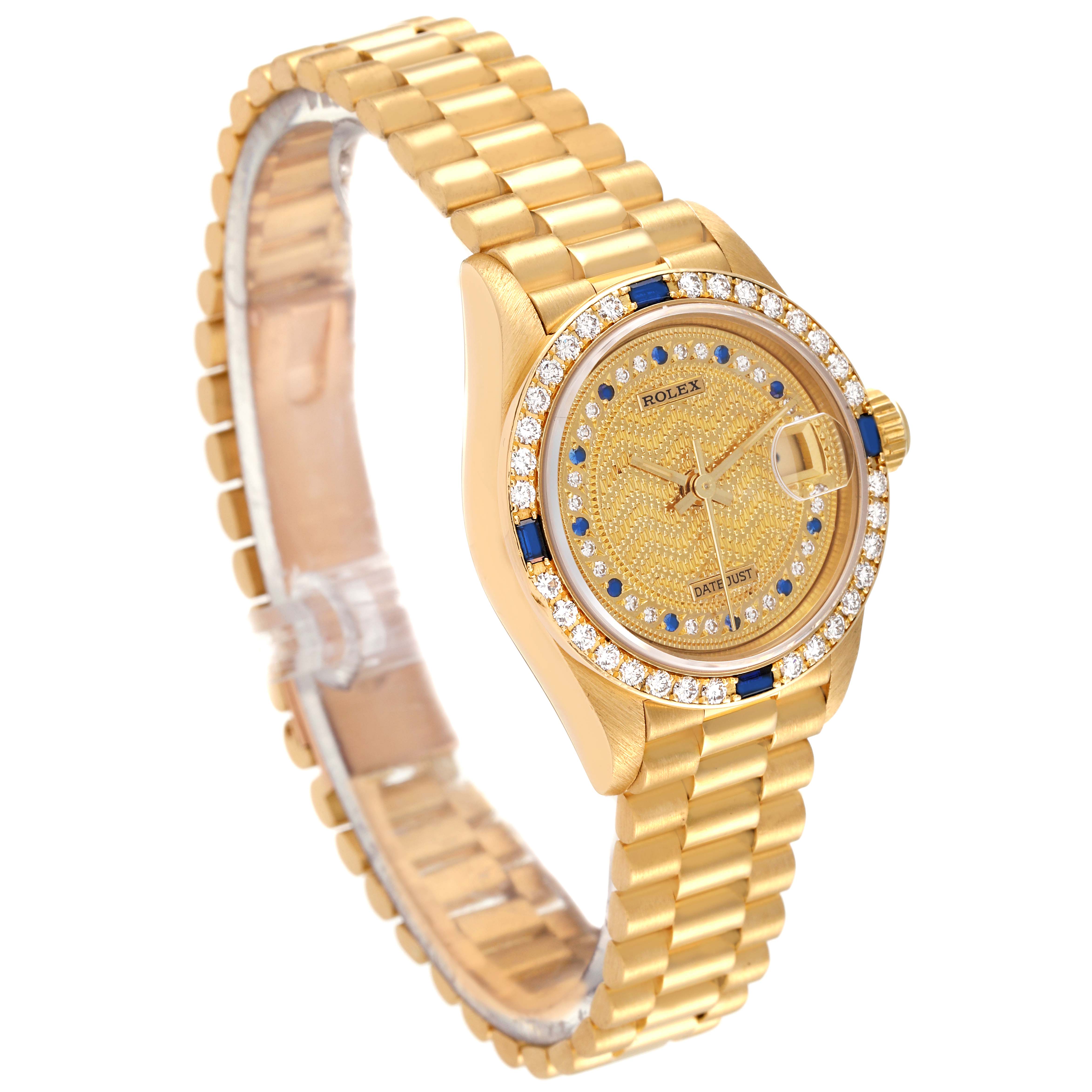 The image shows a gold Rolex President 69088 Women's Yellow Gold Champagne Dial 69088 Women's Yellow Gold Champagne Dial model watch, featuring its bracelet, bezel, dial, and crown from a side angle.