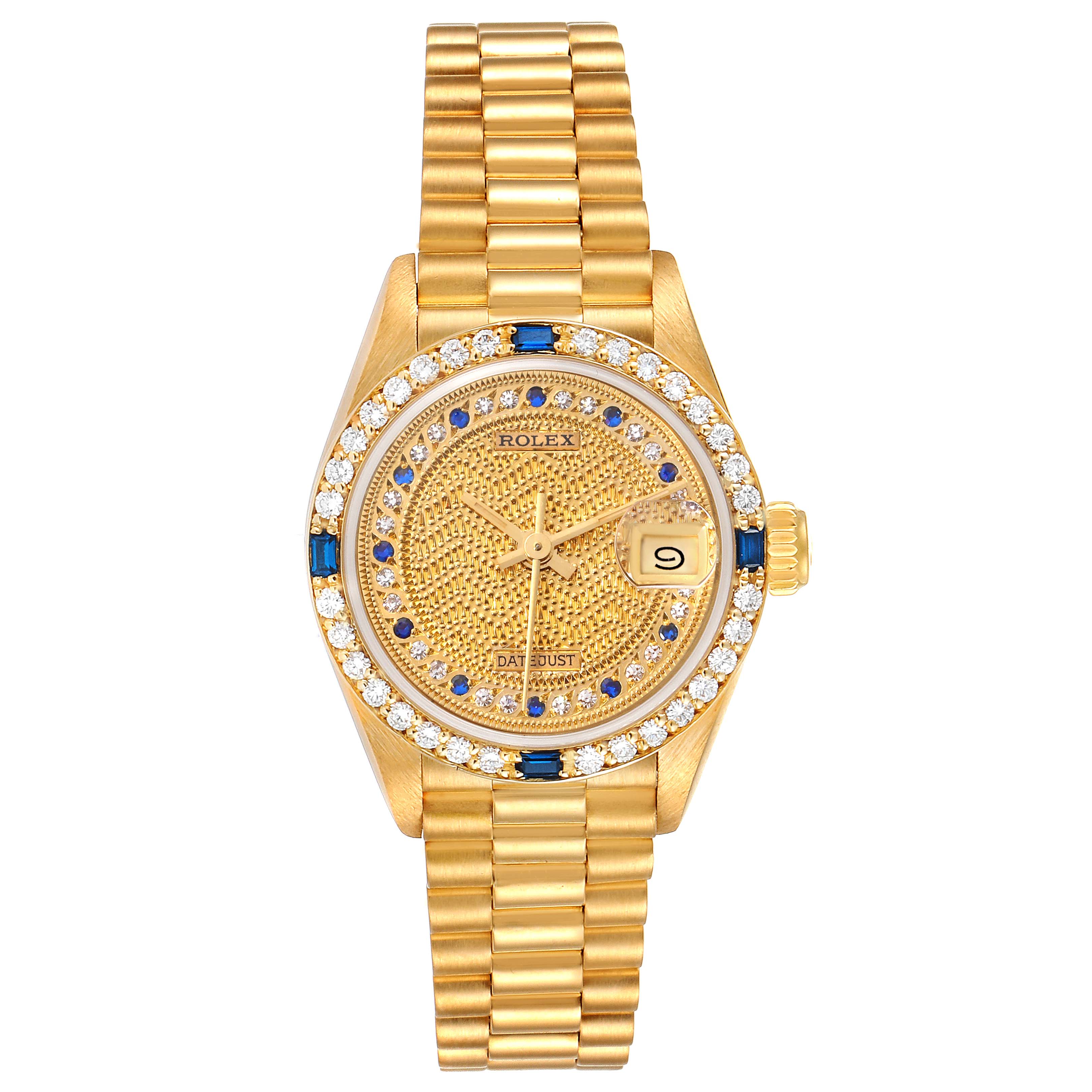This image shows a front view of a Rolex President 69088 Women's Yellow Gold Champagne Dial 69088 Women's Yellow Gold Champagne Dial model watch displaying its gold bracelet, jeweled bezel, and date window.