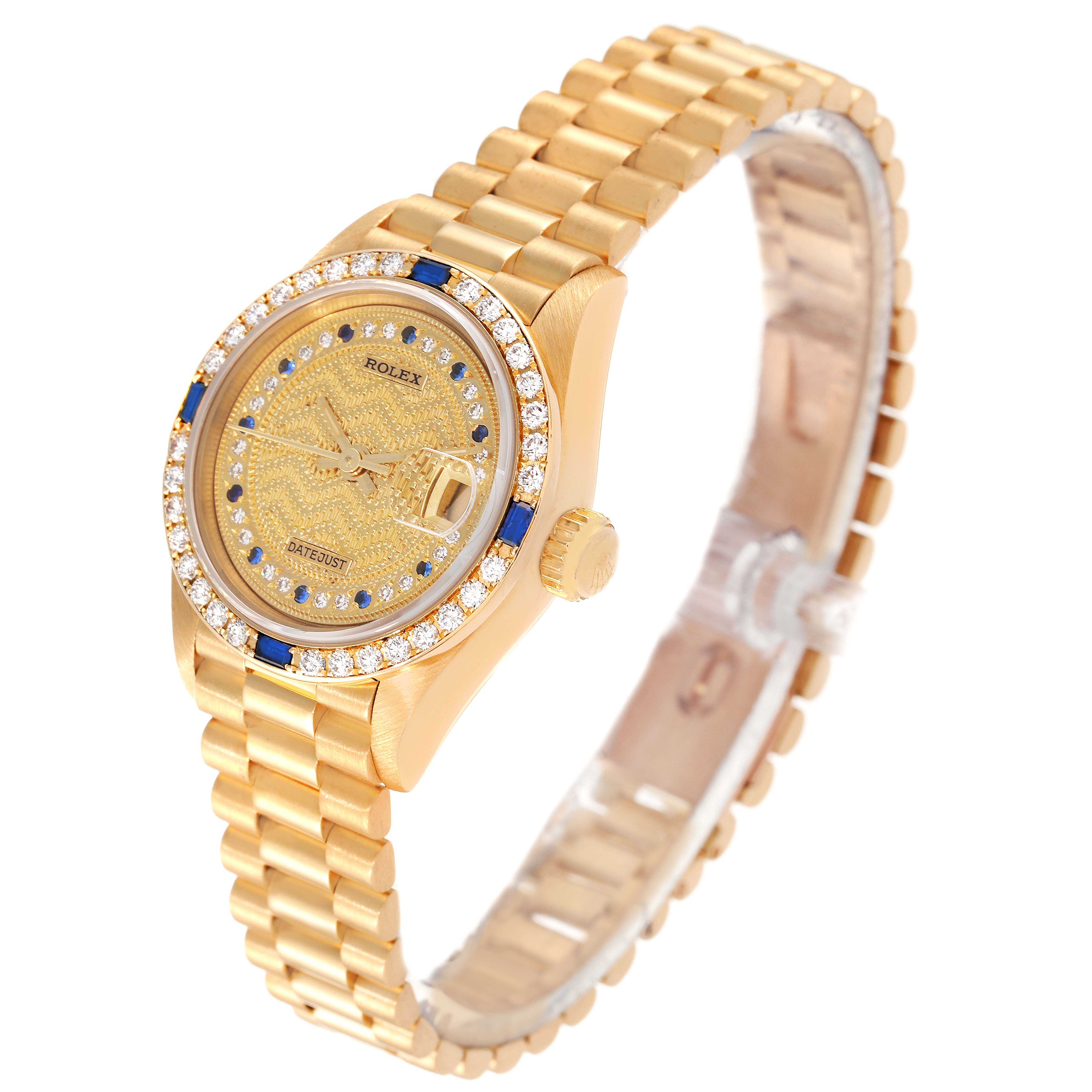 The image shows a Rolex President 69088 Women's Yellow Gold Champagne Dial 69088 Women's Yellow Gold Champagne Dial model watch from an angled top view, highlighting the watch face, bezel, crown, and bracelet.