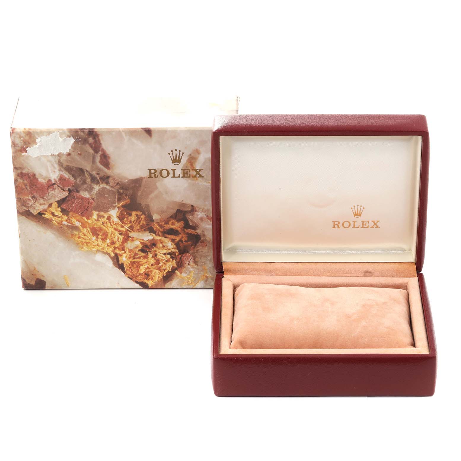 The image shows a Rolex President 69088 Women's Yellow Gold Champagne Dial 69088 Women's Yellow Gold Champagne Dial model watch box with its lid open, revealing the cushion inside.