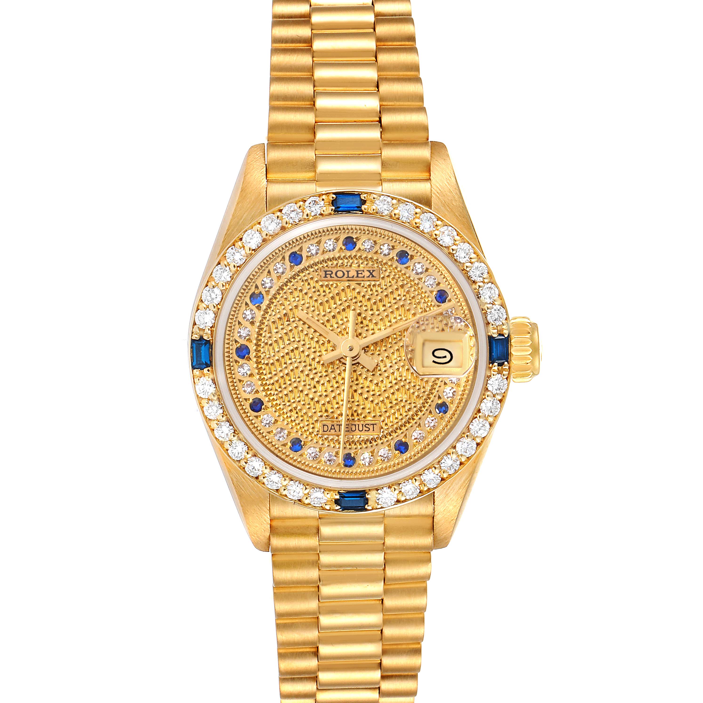 The image displays a Rolex President 69088 Women's Yellow Gold Champagne Dial 69088 Women's Yellow Gold Champagne Dial model watch from a top-down angle, showing the face, bezel, and part of the bracelet.