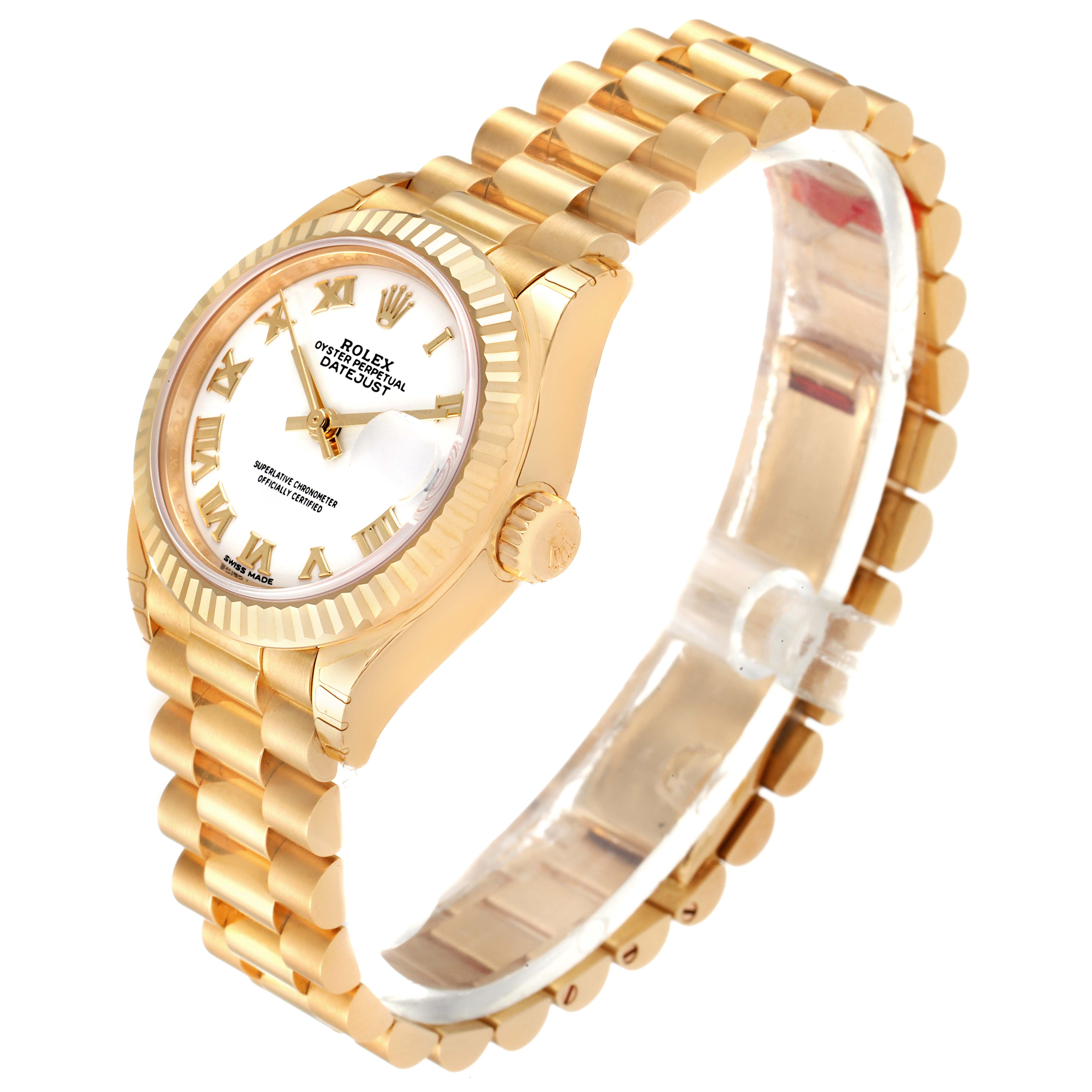 The image shows a side and top view of the Rolex President 279178 Women
s Yellow Gold White Dial 279178 Women
s Yellow Gold White Dial model watch, highlighting its gold band, crown, and dial.