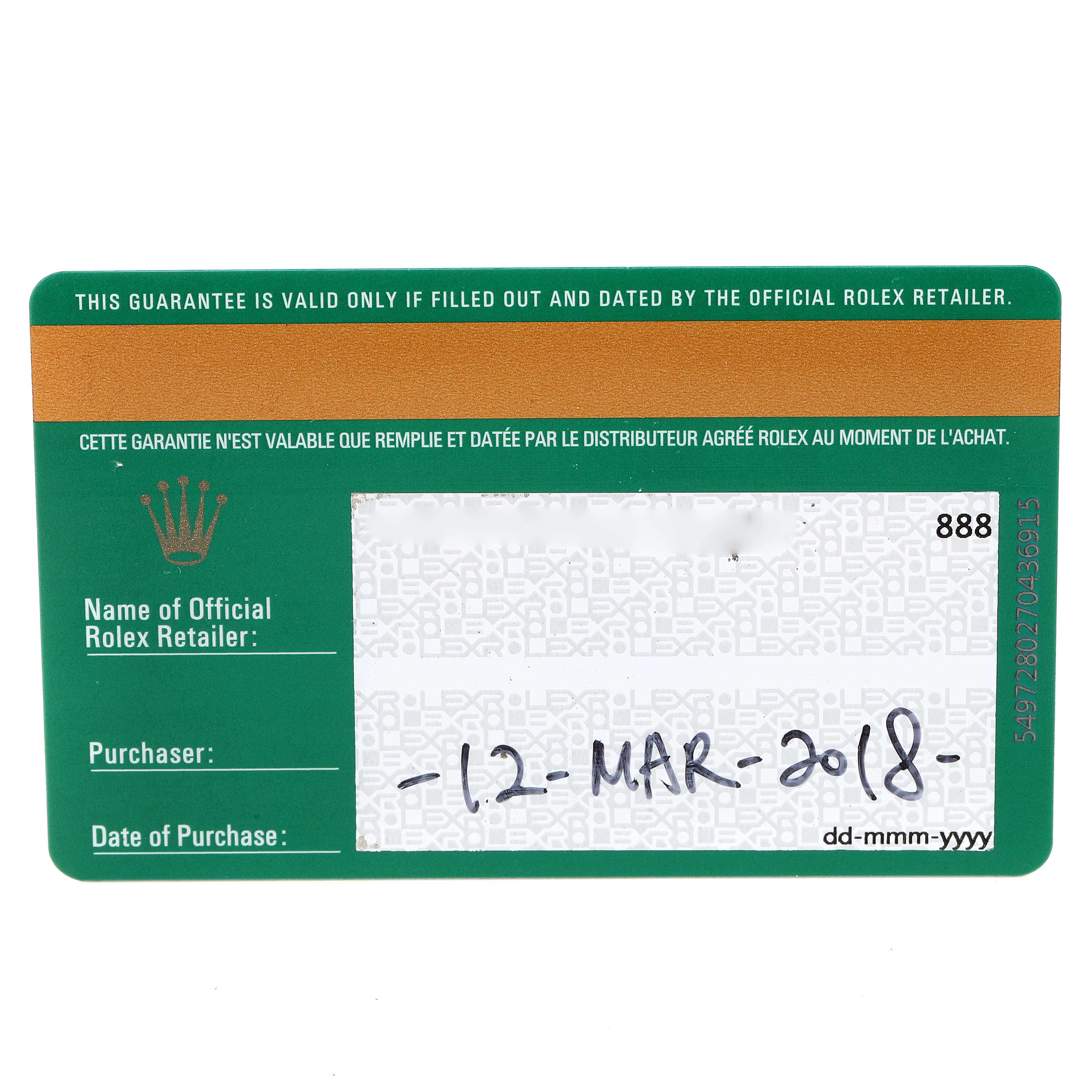 This image shows the warranty card for the Rolex President 279178 Women
s Yellow Gold White Dial 279178 Women
s Yellow Gold White Dial model, including the purchase date (12-MAR-2018).