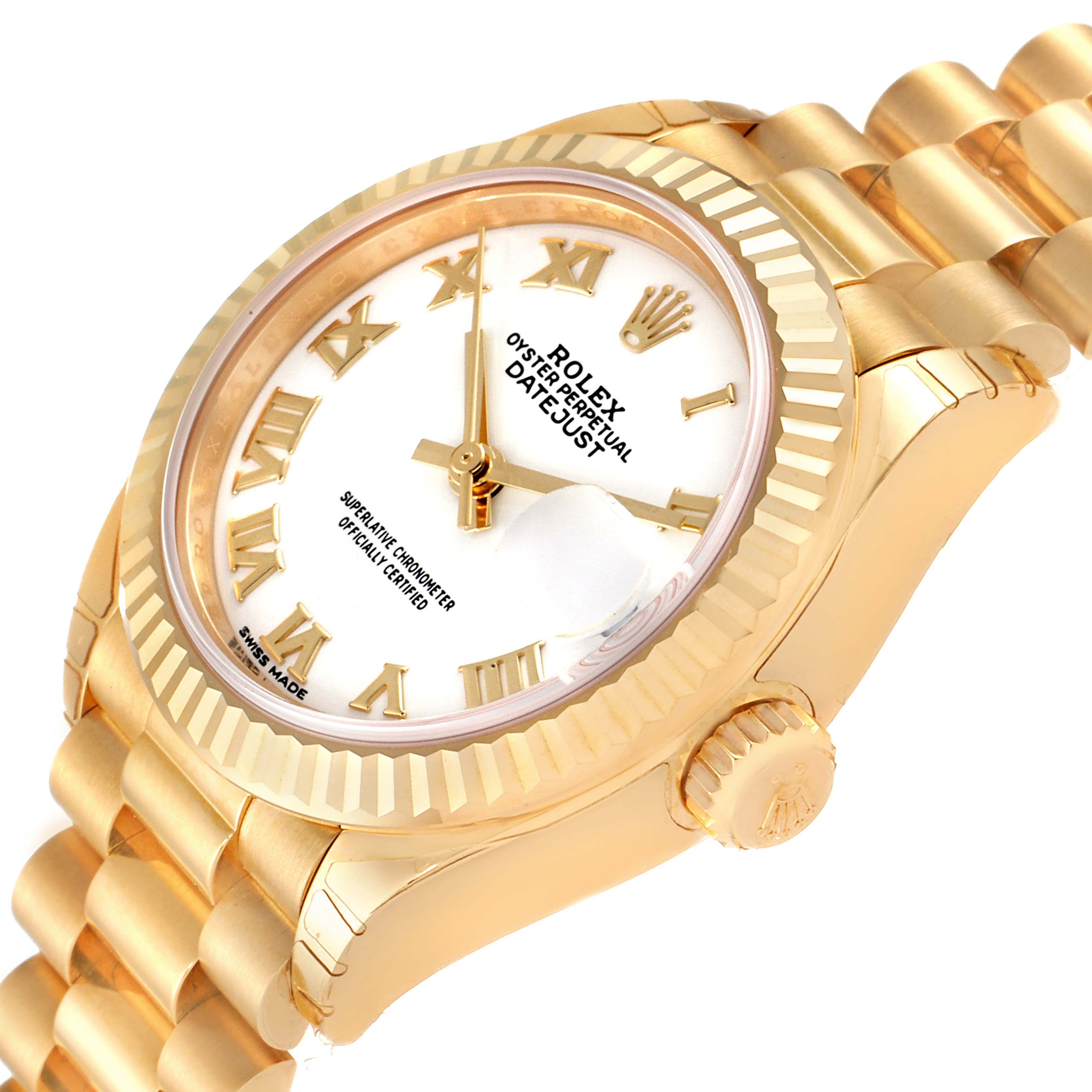 The image shows a close-up angled view of the watch face, bezel, and bracelet of a Rolex President 279178 Women
s Yellow Gold White Dial 279178 Women
s Yellow Gold White Dial model.
