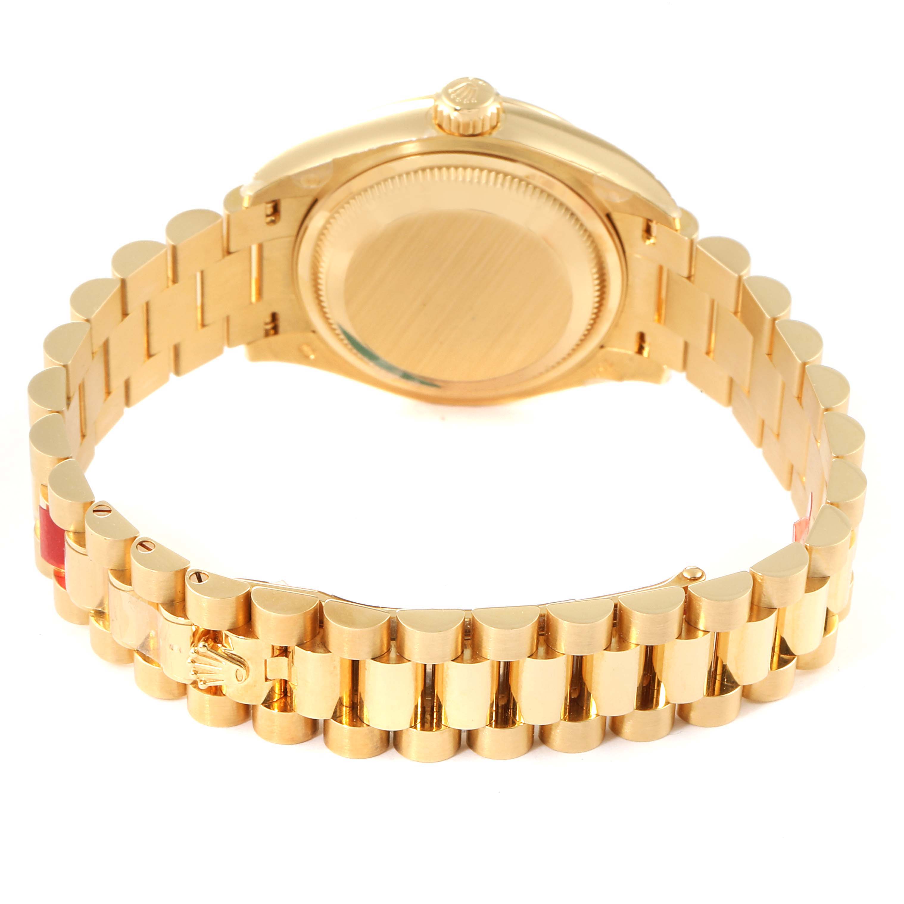 The image shows the back view of the Rolex President 279178 Women
s Yellow Gold White Dial 279178 Women
s Yellow Gold White Dial model watch, focusing on the bracelet and clasp.