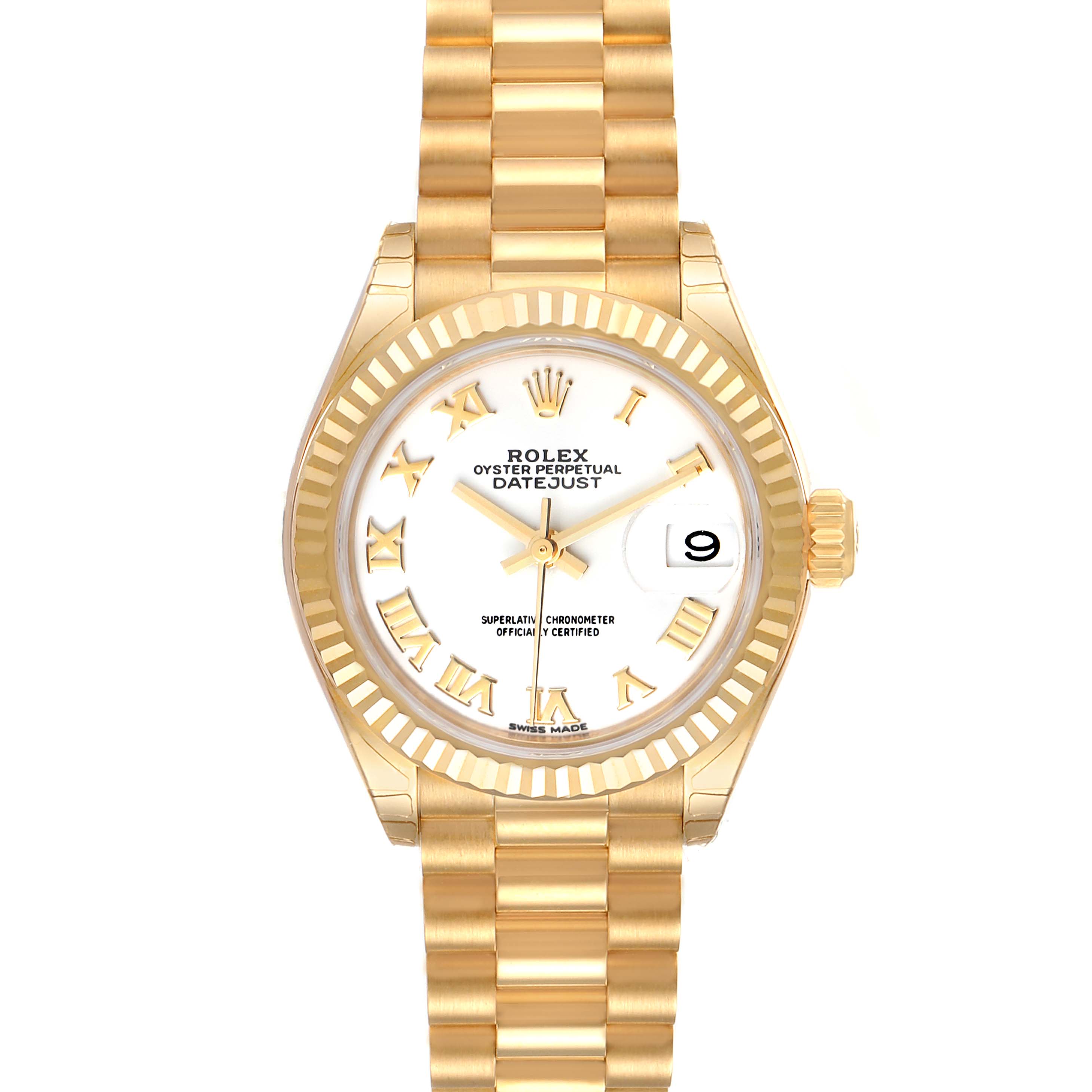 The image shows a front view of a Rolex President 279178 Women
s Yellow Gold White Dial 279178 Women
s Yellow Gold White Dial model watch, displaying the dial, bracelet, and bezel.
